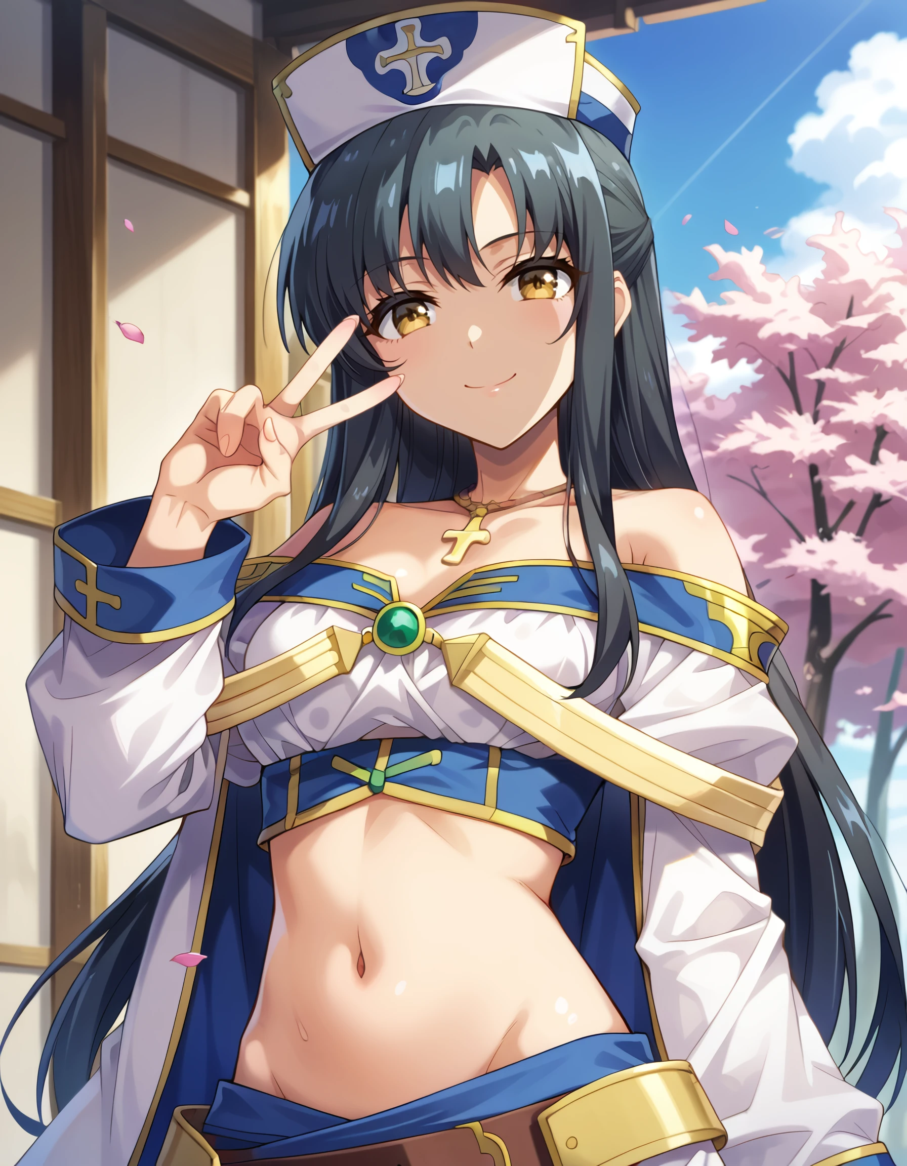 score_9, score_8_up, score_7_up,source_anime, <lora:Arifureta_Shokugyou_de_Sekai_Saikyou_-_ kaori_shirasaki:1> score_9, score_8_up, score_7_up,source_anime, rating:safe, kaori_shirasaki, long_hair, black_hair, hat, brown_eyes, yellow_eyes, jewelry, necklace, long_sleeves, off_shoulder, robe, cross dark, shadow, spotlight, (kagami_hirotaka:1.0), 1girl, blue_sky, cherry_blossoms, crossed_wrists, double_v, flower, looking_at_viewer, midriff, navel, sky, smile, stomach, v,  masterpiece, detailed, best_quality