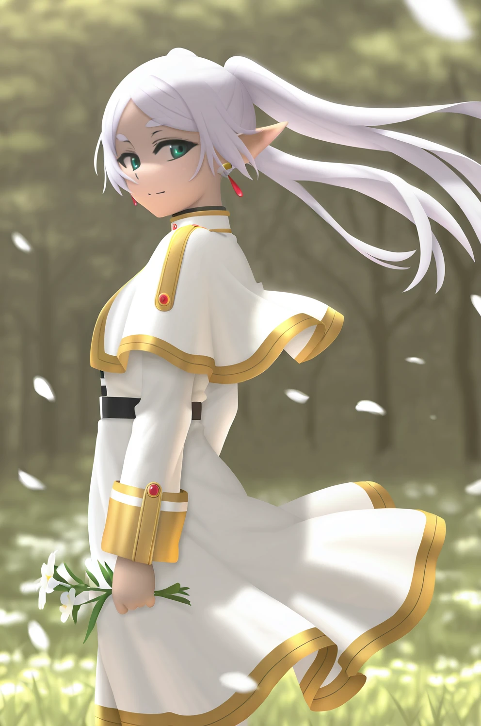 (masterpiece), (best quality), (intricate details, very aesthetic), absurdres, highres, 1girl,  <lora:siraha_style-Illustrious:1> siraha_style, frieren, sousou no frieren, white capelet, white dress, red earrings, white hair, twintails, long hair, elf, pointy ears, wind, floating hair, holding flowers, flower, outdoors, nature, grass, tree, falling petals, from side, looking back, light smile, floating clothes, general, cinematic light, day, sky