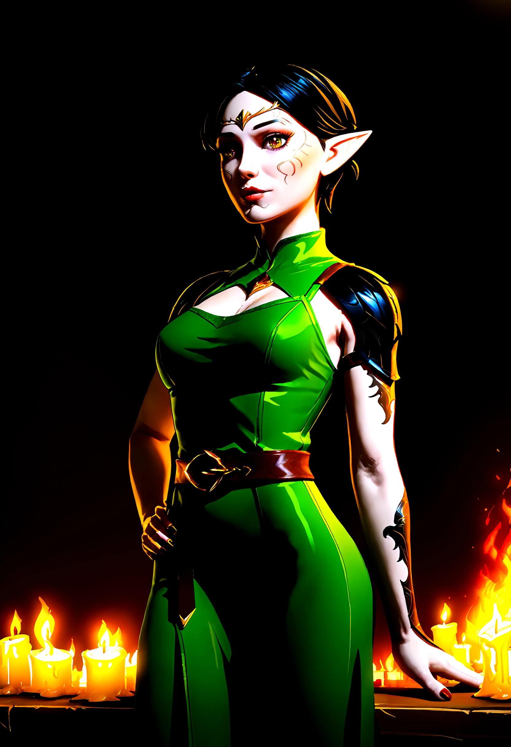 masterpiece, best quality,
merrill_(dragon_age_2), dalish, 1girl, solo, pointy_ears,  short_hair, elf, nail_polish, realistic, black_hair, solo, hand_on_hip, candle, darkness, green_dress,  chiaroscuro, close-up, cowboy_shot, portrait,