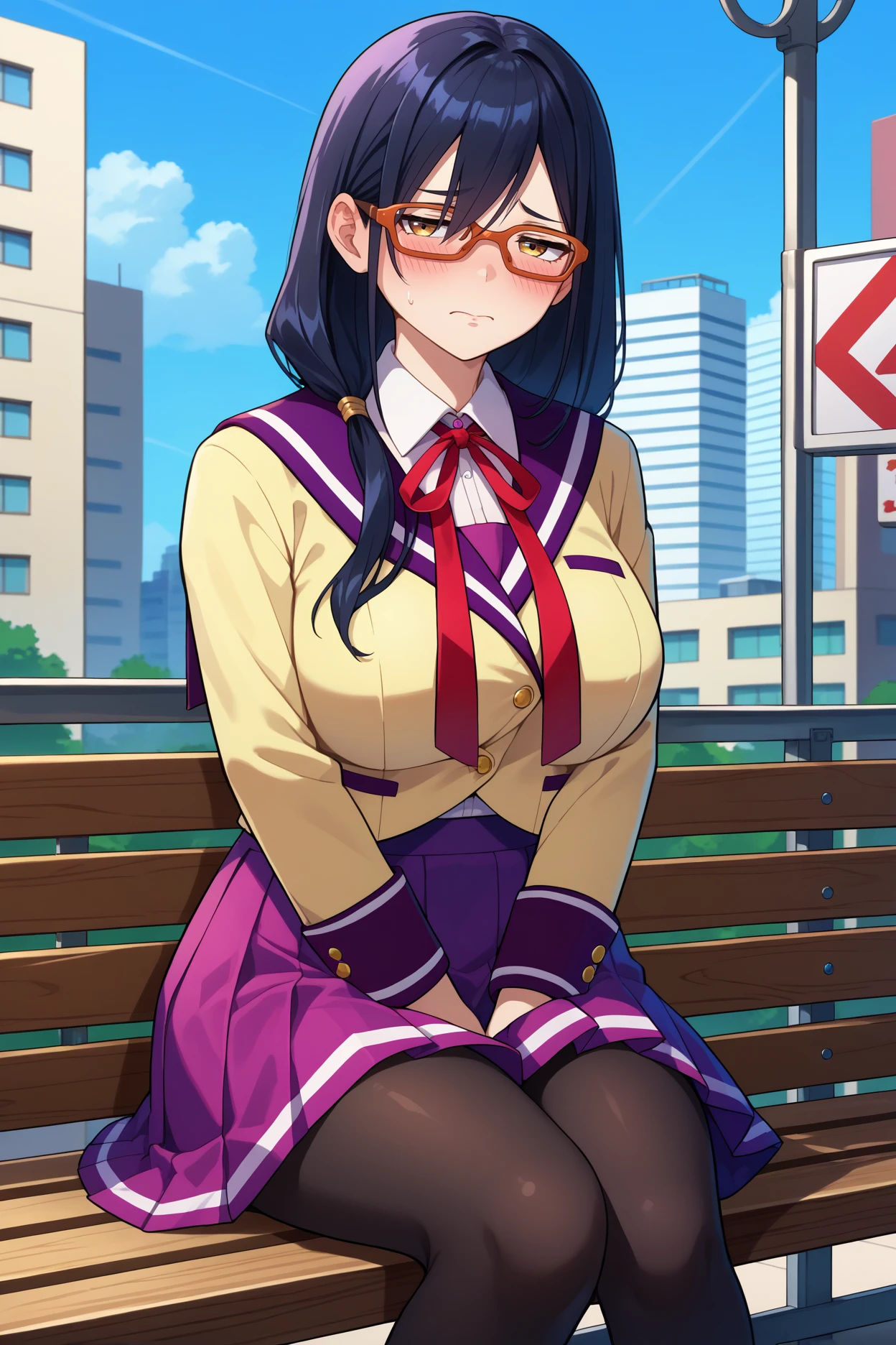 score_9, score_8_up, score_7_up, score_6_up, source_anime, 1girl, solo, <lora:kouenjimiko-pdxl-nvwls-v1-000006:1> kouenjim, black hair, hair over shoulder, long hair, glasses, red-framed eyewear, large breasts, yellow blazer, purple sailor collar, collared shirt, neck ribbon, purple skirt, black pantyhose, sitting, blush, half-closed eyes, embarrassed, bench, blue sky, city
