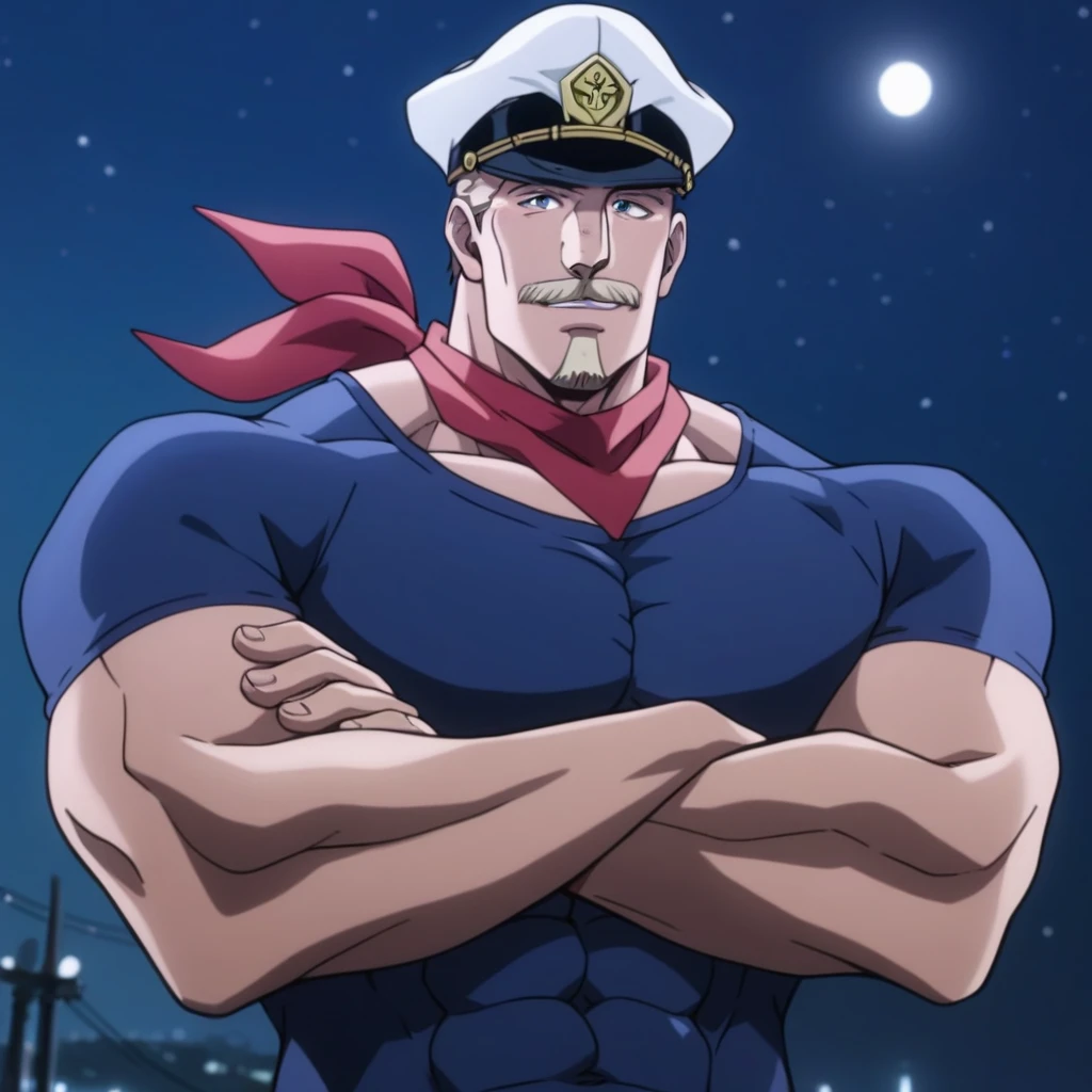score_9, score_8_up, score_7_up, score_6_up, score_5_up, score_4_up, intricate detail, high quality, masterpiece, captaintennille, muscular, manly, muscular male, upper body, blue shirt, red neckerchief, peaked hat <lora:_Captain_Tennille__Jojos_Bizarre_Adventure-000005:0.7>, night, (abs:0.8), crossed armsâââ