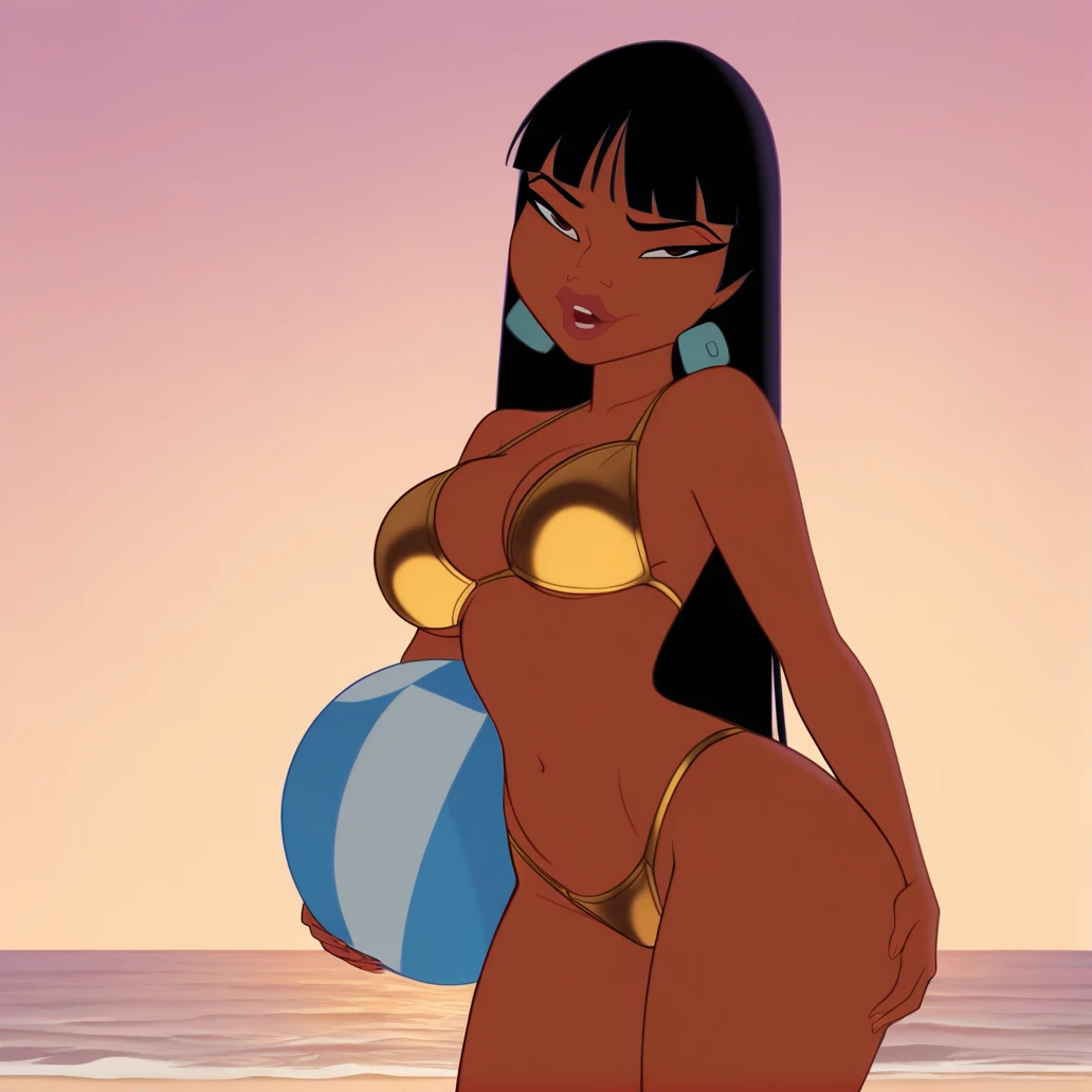A lovely scantily clad woman (samoan) prays for fertility at a serene beach. A translucent goddess floats above the water and listens to her prayer. Moonlit confession