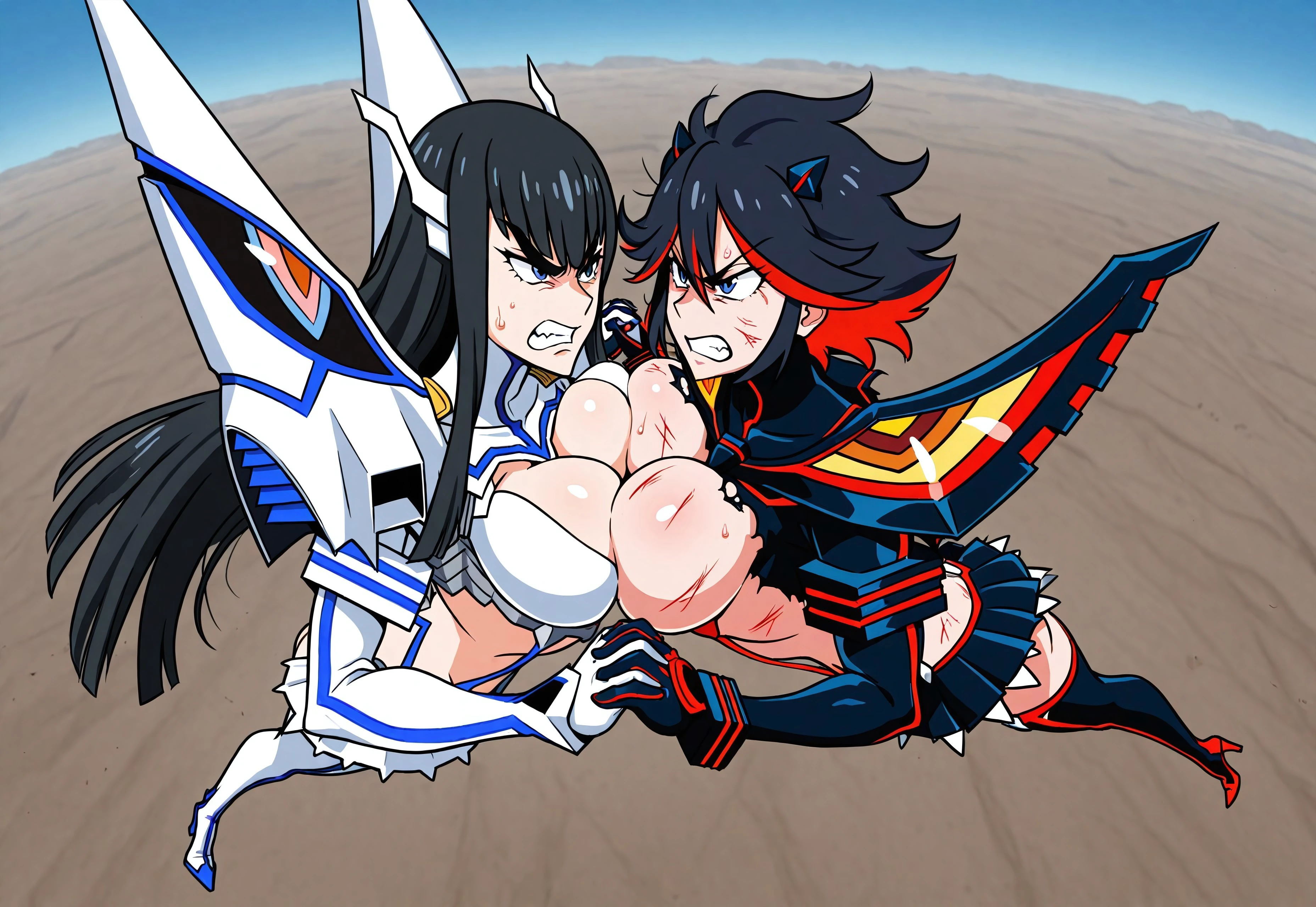 safe_pos, masterpiece, absurdres, 2girls, multiple girls, BREAK, mataoi ryuuko, large breasts, short hair, black hair, streak hair, red streak, messy hair, blue eyes, senketsu, living clothes, torn clothes, angry, clenched teeth, furrowed brow, looking at another, sweat, scratches bruises, BREAK, kiryuuin satsuki, large breasts, long hair, messy hair, sidelocks, black hair, blue eyes, junketsu, living clothes, torn clothes, scrathes, bruises, angry, clenched teeth, looking at another, lying, BREAK, symmetrical docking, catfight, fighting, (fighting stance:0.8), breast press, interlocked fingers, holding hands, outdoors, midair, falling, in sky, full body, dutch angle