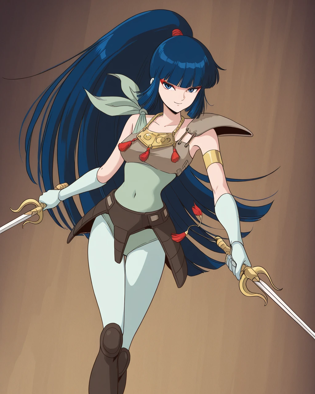 masterpiece, 1girl, solo , <lora:kayura_il:1> kayurawar,blue hair, long hair, blunt bangs, ponytail, blue eyes, red eye makeup, green leotard with shoulder tie, pale green tights, boots, armor with shoulder guard, waist armor, gold necklace, covered navel, pale green gloves, single gold armband, starlight sword with tassel, holding swords, dual wielding, official art, looking at viewer, smug