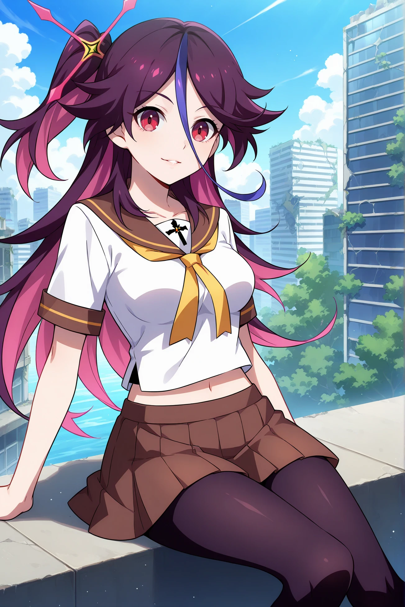 masterpiece, best quality, anime, 2d, 1girl, (slender, anime screencap, medium breasts), solo, houraiji gakuen, <lora:Houraiji-ILXL-V1:1>
BREAK (colored inner hair, purple hair, streaked hair, long hair, hair ornament, parted bangs, hair between eyes, one side up), outdoors, city ruins
BREAK (serafuku, school uniform, midriff, brown miniskirt, pantyhose, white shirt, brown skirt:1.4),
BREAK (looking at viewer, cowboy shot, sitting:1.2), (parted lips, red eyes),