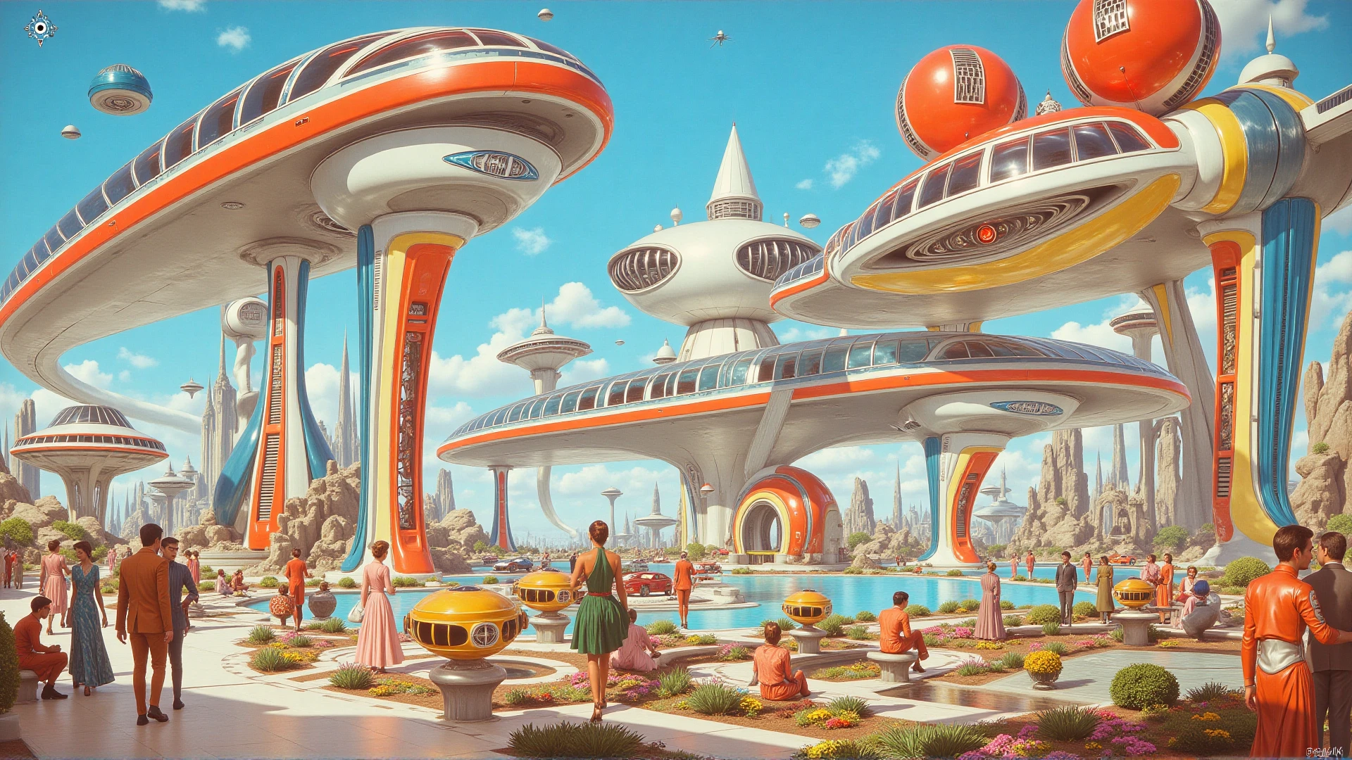 retro50s_style, A vast retrofuturistic city built on giant floating platforms, connected by transparent tubes, flying cars and monorails moving between platforms, people wearing colorful retrofuturistic fashion, Googie architecture, bright sunny day, highly detailed, digital painting, artstation, concept art, inspired by Futurama and 1960s World's Fair visions.