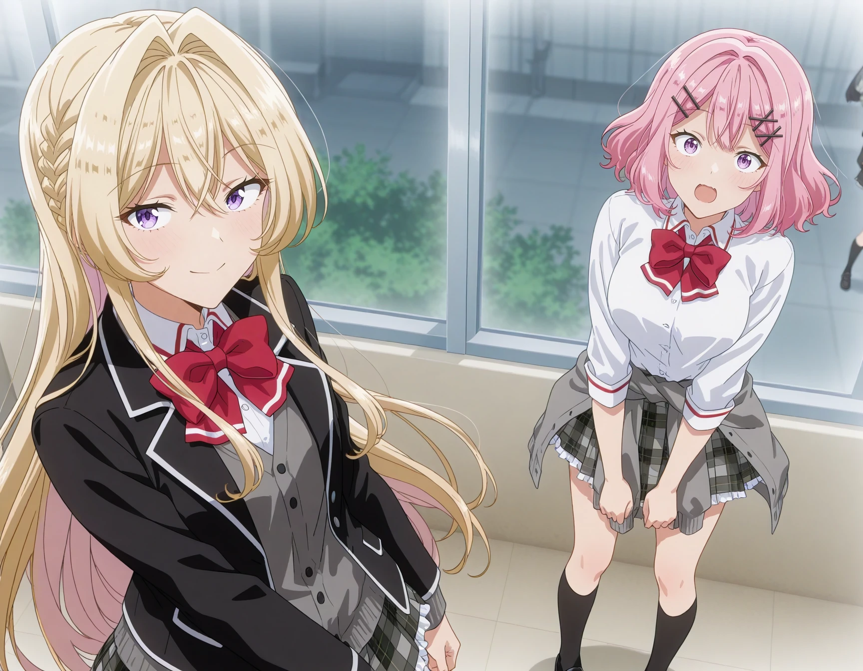 anime artwork (key:-1.5), <lora:Hyper-SDXL-8steps-lora:1>,(text:-1),(speech bubble:-1)
masterpiece,best quality,highres,source_anime,anime screencap,anime coloring,megami magazine,sidelighting,shiny luminous,shiny skin,
 <lora:watakoi_IL:1>
[SEP]
2girls, 
watakoi, ouduka_mai,  long hair, looking at viewer, blush, smile, blue eyes, 
shirt, skirt, blonde hair, long sleeves, bow, hair between eyes, closed mouth, very long hair, standing, jacket, school uniform, white shirt, braid, sidelocks, pantyhose, pleated skirt, open clothes, shoes, collared shirt, bowtie, black footwear, open jacket, red bow, black jacket, black pantyhose, plaid, hair intakes, plaid skirt, cardigan, blazer, 
red bowtie, loafers, french braid, grey cardigan,
[SEP]
2girls, 
watakoi, amaori_renako, breasts, looking at viewer, blush, open mouth, short hair, 
shirt, skirt, long sleeves, hair ornament, bow, standing, school uniform, purple eyes, white shirt,pink hair, shoes, socks, hairclip, bowtie, black footwear, red bow, plaid, kneehighs, plaid skirt, black socks, x hair ornament,
 loafers, clothes around waist,
 . anime style, key visual, vibrant, studio anime,  highly detailed