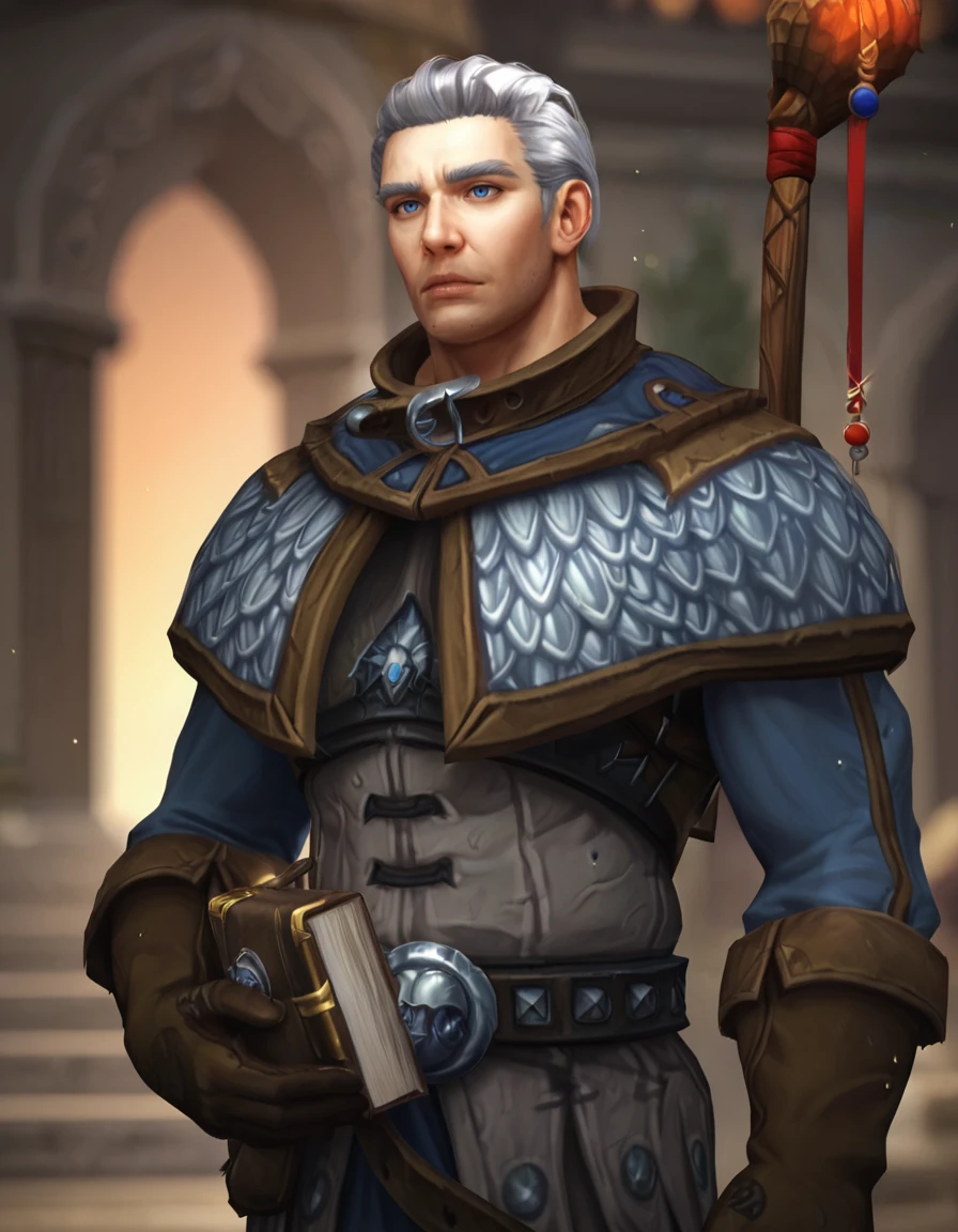 score_9, score_8_up, score_7_up, score_6_up, score_5_up, score_4, upper body, realistic
BREAK <lora:Archmage_Khadgar_-_World_of_Warcraft_-_Pony:0.8> wow_khadgar, mature male, grey hair, blue eyes, stubble, robe, brown gloves, belt, satchel, staff on back, holding book