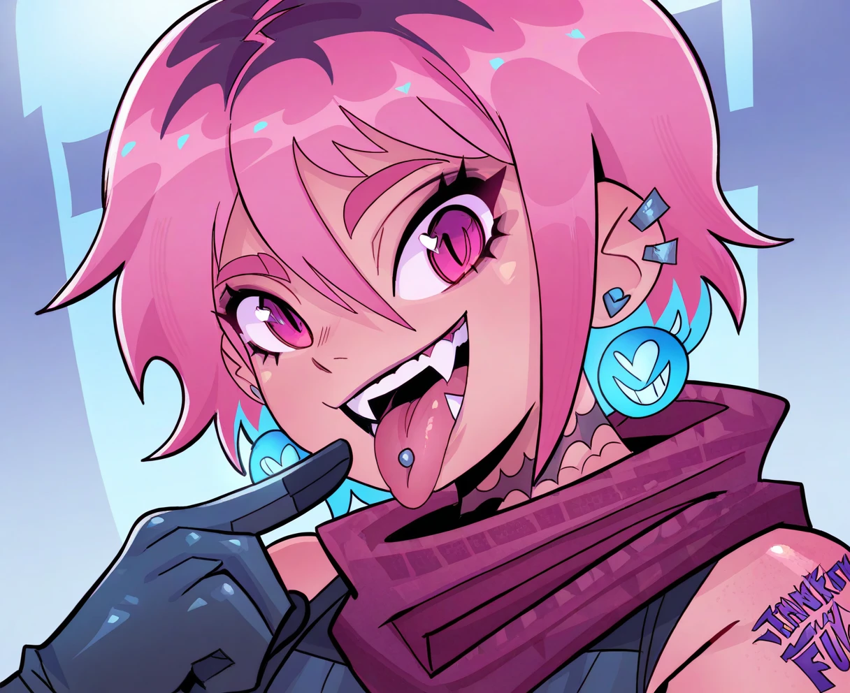 <lora:jiansketch:1> jiansketch,
(masterpiece), (best quality), (ultra-detailed), amazing quality, very aesthetic, illustration, perfect composition, intricate details, absurdres, incredibly absurdres, shiny skin, realistic,
jiansketch, 1girl, tongue out, pink eyes, blue hair, tongue piercing, looking at viewer, teeth, jewelry, hair between eyes, smile, scarf, short hair, fangs, open mouth, pink hair, multicolored hair, hand up, earrings, gloves, tattoo