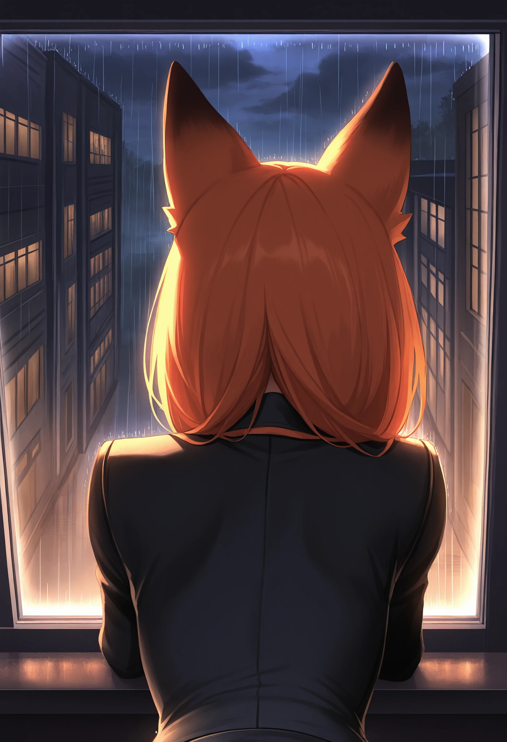 masterpiece, best quality, highly detailed,soft shadows,dark,night,cloudy, rain, heavy-rain, 1girl, fox girl, orange hair, arm rest, bent over, upper body, far shot, leaning against window, character inside building, smile, glass window, looking towards window, from behind , back,
<lora:Rain (Illustrious) v1:1>