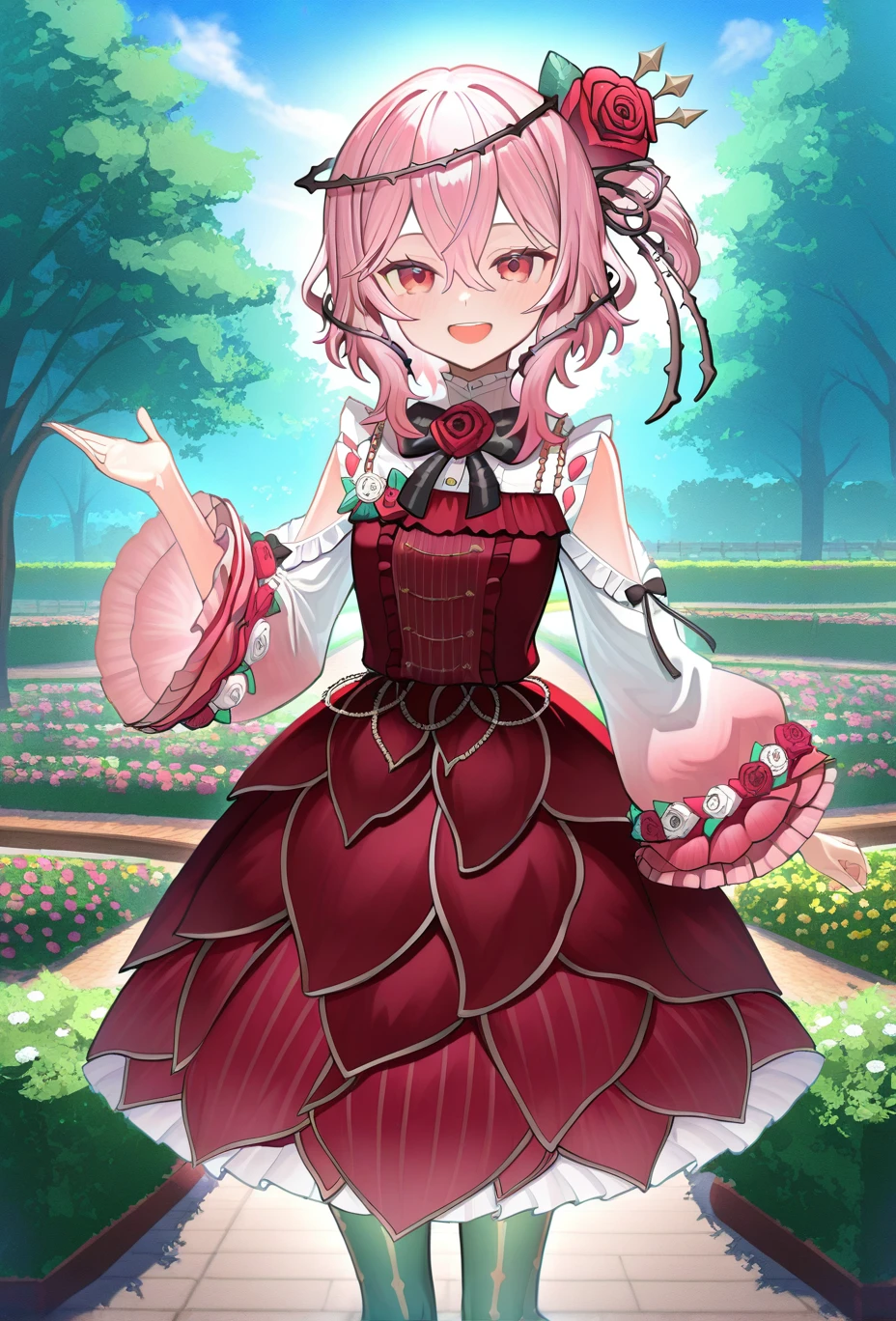 <lora:Rosemi_Lovelock:0.8>, rosemi lovelock, 1girl, pink hair, hair flower, thorns, virtual youtuber, short sidetail, rsm_1st, shoulder cutout, solo, red dress, outdoors, garden, green pantyhose, smile, looking at viewer, red eyes,