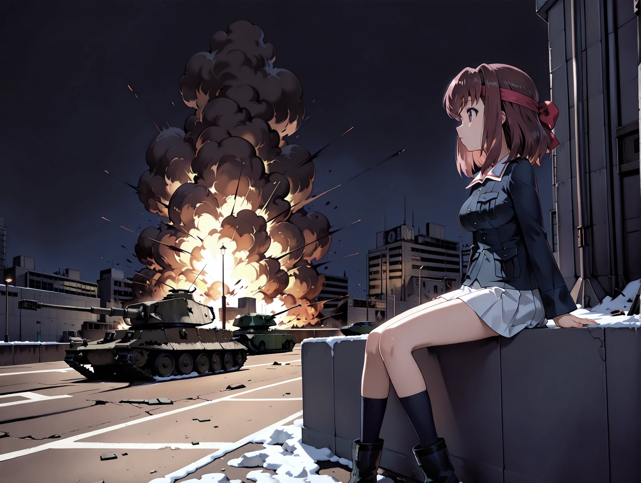 masterpiece,best quality,amazing quality,solo,1girl,
<lora:k_taeko_ilxl_v1.1:1>,taeko,p_gs,jacket,long sleeves,ooarai military uniform,white pleated skirt,black socks,boots,<lora:Fixhands_anime_bdsqlsz_V1:1>,
<lora:H_S_area_ilxl_v1:1>,Service_area00,
tank,rubble_ruins,black smoke,(sitting_on_tank:1.2),skyscrapers,road,building,motor vehicle,street,traffic light,lamppost,car,
broken,
looking ahead,profile,expressionless,night,snow,ice,portrait,looking_up,tower,looking ahead,panorama,explosion,