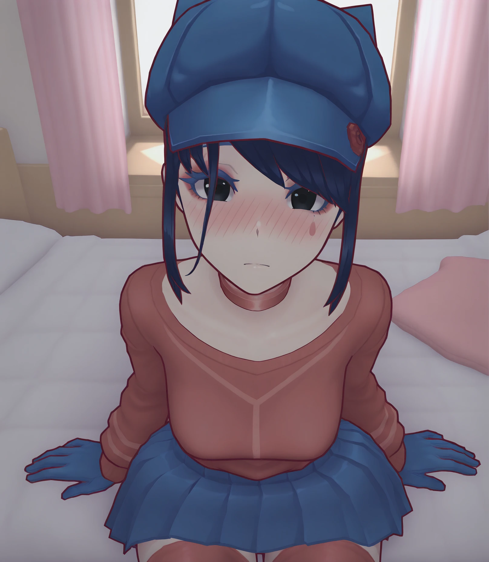 highres, hi res, best quality, masterpiece, 2d, intricate details, 4k, anime coloring, shadow, uncensored,
1girl, solo, female, eyelashes, nose, nose blush, short hair, hat, blue hair, black eyes, makeup, blue headwear, cabbie hat, bangs, black hair, makeup, choker,
skirt, shirt, thighhighs, gloves, long sleeves, pleated skirt, blue skirt, zettai ryouiki, red shirt, blue footwear, red thighhighs, sweater,
cowboy shot, looking at viewer, sitting, from above,
depth of field, indoors, window, bed, blanket, bedroom, <lora:Cap_Wearind_Mita_ILXL:1>