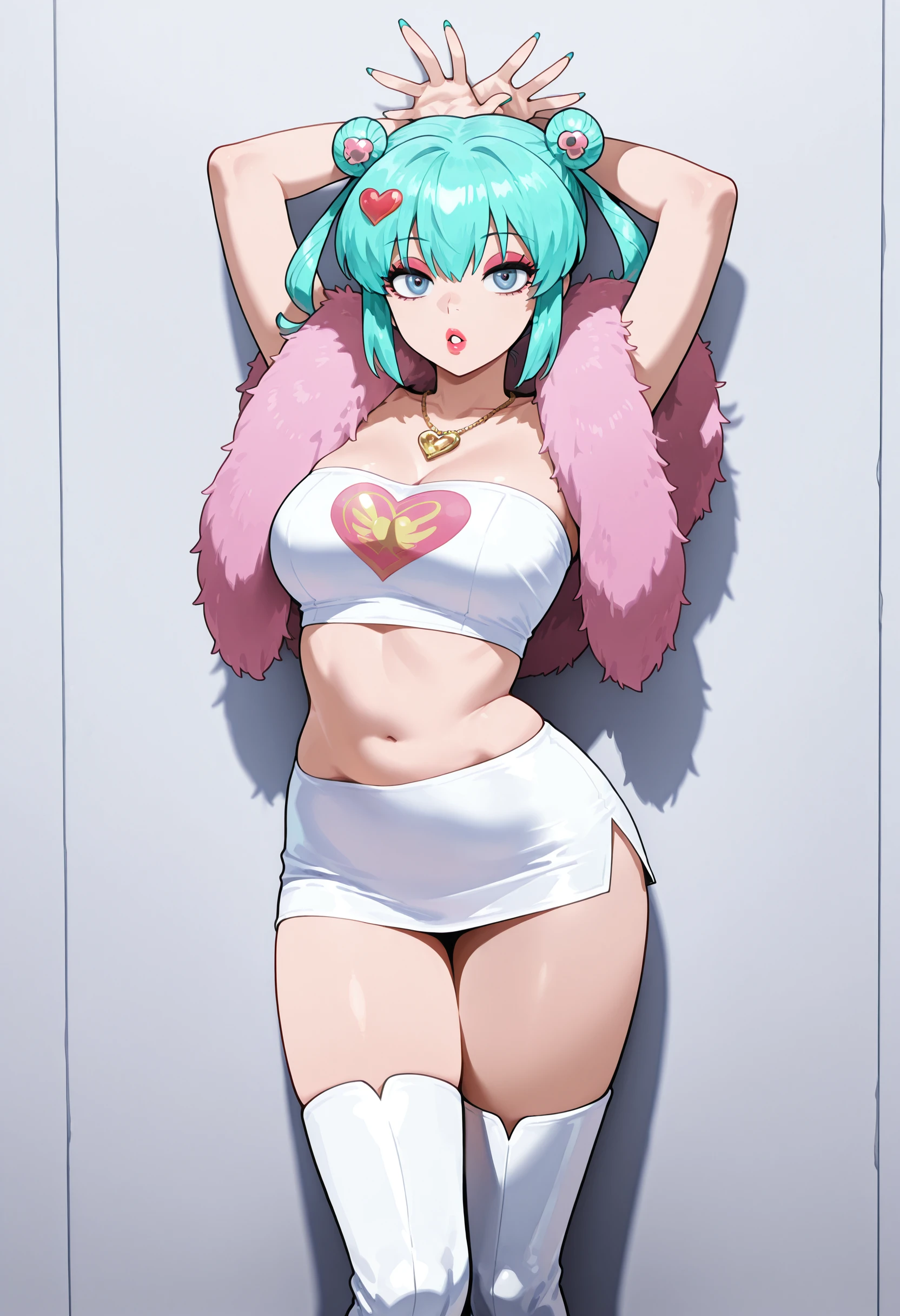 1girl, woman, negaposianglerice, aqua hair, bluegrey eyes, eyeshadow, lipstick, medium breasts,hair bun, professional photoshooting, white tube top, white skirt, thigh boots, white boots,golden heart necklace,(heart ornaments on hair buns), posing, ping heart pattern, hearts on clothes, gent knee, leaning on wall, looking at viewer, parted lips, from front, hands behind head, nailpolish, aqua nails, simple background, hands, fingers above head, micro skirt, heart print,feather boa, masterpiece,best quality,absurdres, amazing quality,
