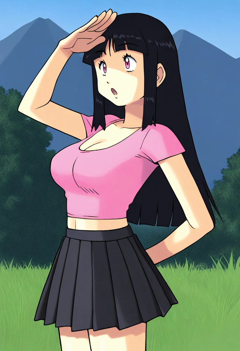 8k, best quality, masterpiece:1.2, finely detailed, detailed illustration,intricate,namek,(green sky),blue grass, tree,cloud,solo,1girl,maron,pink t-shirt, crop top, black pleated skirt,pink eyes,black hair,blunt bangs,standing, surprised,looking afar, medium breasts,building,long hair,cleavage,salute,(hand on forehead:1.2), :o,looking to the side,spikes,(arm at side)