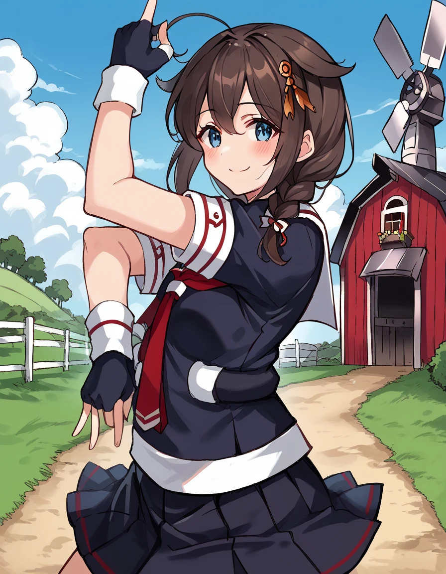 score_9, score_8_up, score_7_up, source_anime, <lora:kancolle-shigure-ingame-ponyxl-lora-nochekaiser:1>, shigure, shigure (kancolle), long hair, blue eyes, brown hair, black hair, hair ornament, braid, ahoge, single braid, hair over shoulder, hair flaps,, skirt, gloves, school uniform, pleated skirt, serafuku, fingerless gloves, necktie, red necktie, black skirt, black shirt, white sailor collar, short sleeves,, windmill, blades, farm, wind, traditional, , <lora:killer-queens-pose-ponyxl-lora-nochekaiser:1>, killer queens pose, killer queens's pose (jojo), jojo pose, arm up, hand up, \n/, double \n/, arm down, hand down, blush, smile, cowboy shot,, looking at viewer, solo,, cowboy shot