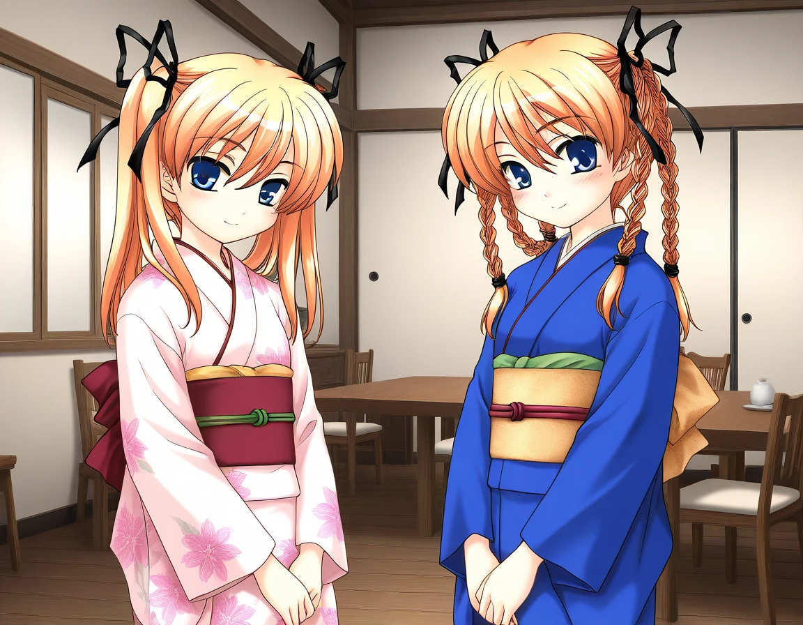 general,highres, ultra-detailed,very aesthetic,best quality ,best hands,  BREAK <lora:Itsukiï¼Imi_IS:1>ãItsukiï¼Imi, 
multiple girls, 2girls, japanese clothes, blue kimono, braid, siblings, twin braids, twintails, 
ribbon, yukata, long sleeves, blue kimono, sash, smile, obi, blush, own hands together short stack, looking at viewer, cowboy_Shot, room, chair,