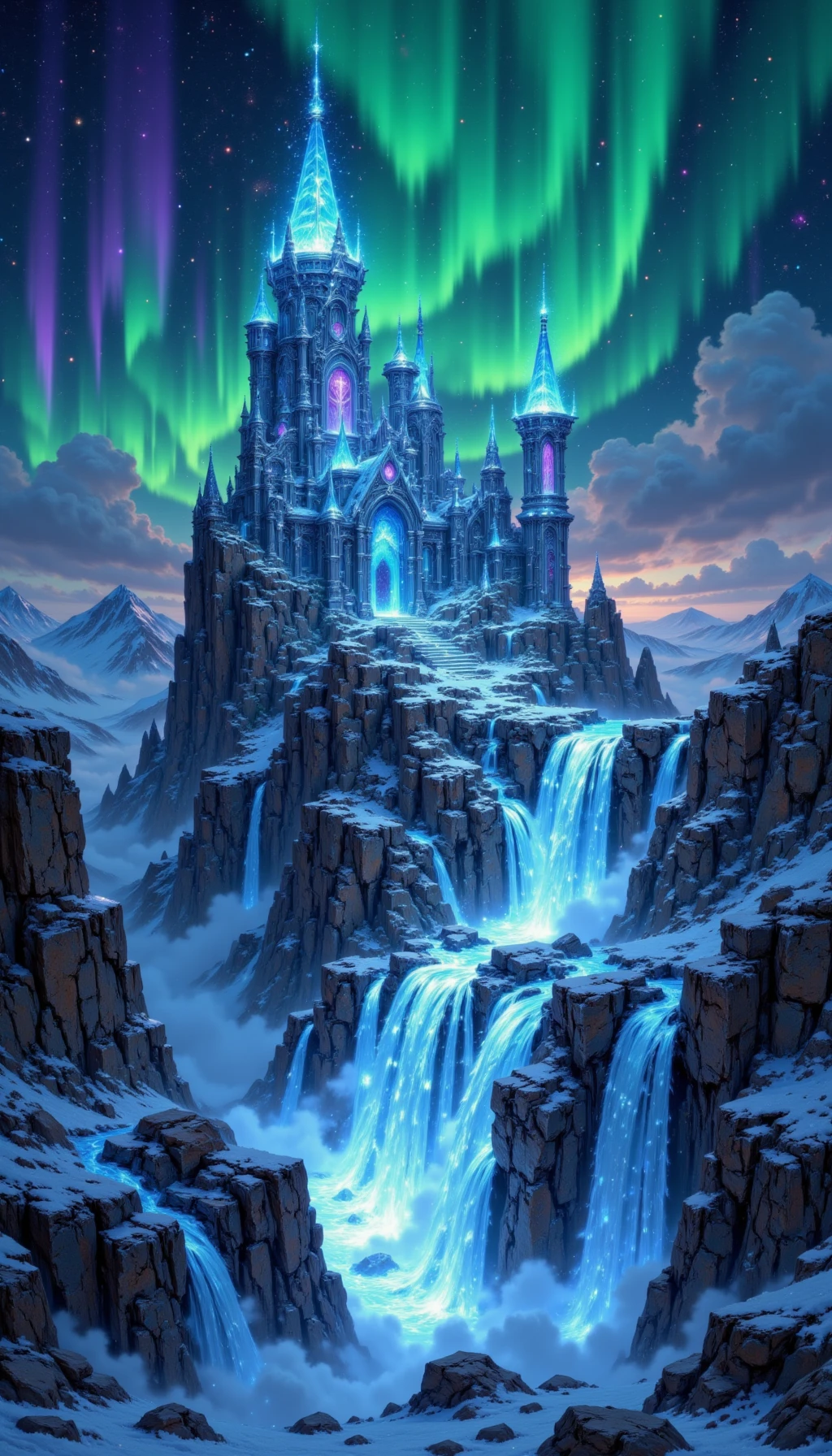 pinkmidnightfantasy,
A secluded monastery perched atop a jagged mountain, its icy towers glittering in the aurora-lit sky. A frozen waterfall cascades down beside it, and luminous blue runes are etched into the icy walls.