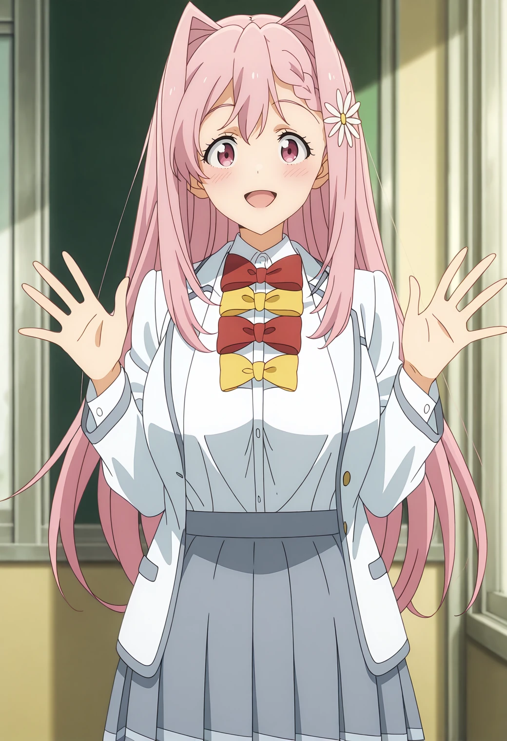 highres, best quality, masterpiece, anime screencap, indoors,
solo, 1girl, mkhekaren, long hair, hair intakes, braid, hair flower, large breasts,
school uniform, jacket, white shirt, bowtie:1.5, red bowtie, yellow bowtie, shirt tucked in, grey skirt, pleated skirt,
looking at viewer, blush, smile,
standing, open hands, hands up, open mouth,
<lora:_karen_himemiya-elesico-ilxl-snrB:1>