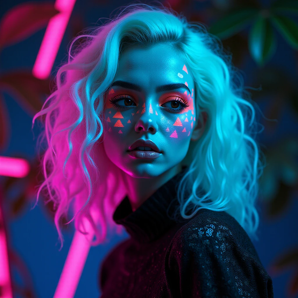 A portrait of a pale person with geometrical face paint and special neon hair. w3p0rtra1t. <lora:Weird_Portraits-000017:1>