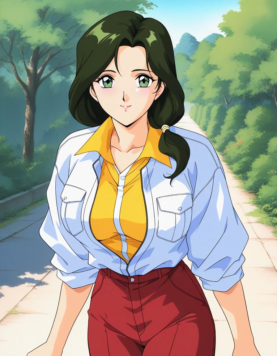 general,highres, ultra-detailed,very aesthetic,best quality ,best hands, BREAK <lora:Sakurai_Sensei_IS:1>Sakurai_Sensei, dark green hair, long hair, green eyes, large breasts, low ponytail, lips,1990s (style), anime coloring, BREAK,
smile,looking at viewer, cowboy_Shot,
down arms,
Yellow shirt, white jacket, red pants, long pants,
outdoor, day,, general,highres, ultra-detailed,very aesthetic,best quality ,best hands, BREAK