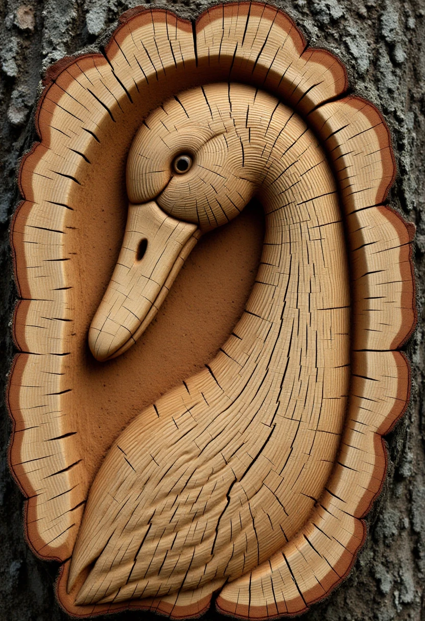 <lora:Tree_Ring_Trunkator_FLUX:0.9>
The image is a photograph showcasing a detailed wooden carving of a goose, crafted from a tree trunk.