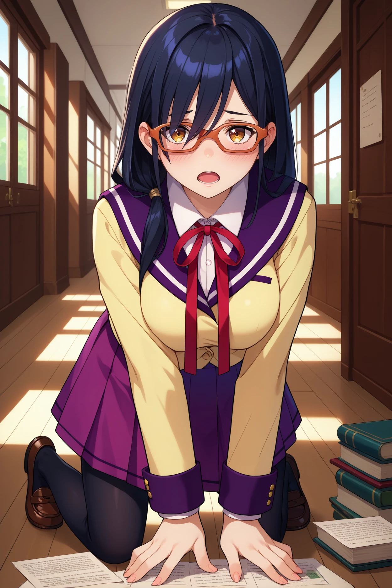score_9, score_8_up, score_7_up, score_6_up, source_anime, 1girl, solo, <lora:kouenjimiko-pdxl-nvwls-v1-000006:1> kouenjim, black hair, hair over shoulder, long hair, glasses, red-framed eyewear, large breasts, yellow blazer, purple sailor collar, collared shirt, neck ribbon, purple skirt, black pantyhose, kneeling, looking at you, all fours, books, paper, hallway, blush, open mouth, loafers