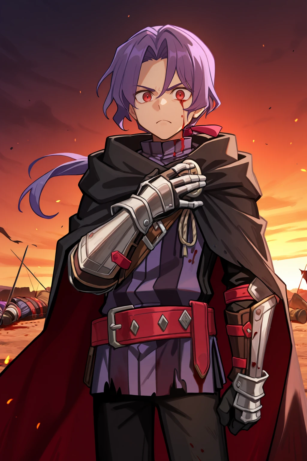 <lora:RussellIL:0.8> , rusdef, 1boy, red eyes, purple hair, long hair, ponytail, low ponytail, hair ribbon, black cloak, cape, striped tunic, tunic, belt, black pants, gauntlets, looking at viewer, cowboy shot, frown, injured, hurt, bleeding, bloody, blood-stained clothes, torn clothes, panting, hand on own chest, battlefield, exterior, masterpiece, very aesthetic, absurdres, best quality, amazing quality, high resolution, <lora:illustrious_quality_modifiers_masterpieces_v1:0.8> , <lora:ChamIllustriousBackgroundEnhancer:0.5>,  solo,