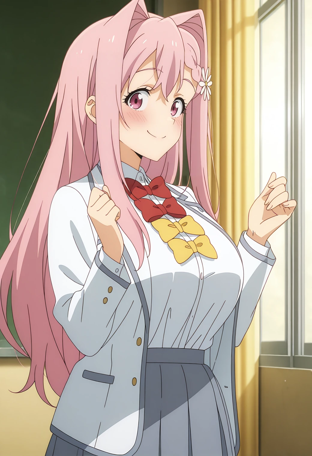 highres, best quality, masterpiece, anime screencap, indoors,
solo, 1girl, mkhekaren, long hair, hair intakes, braid, hair flower, large breasts,
school uniform, jacket, white shirt, bowtie:1.5, red bowtie, yellow bowtie, shirt tucked in, grey skirt, pleated skirt,
looking at viewer, blush, smile,
standing, hands up,
<lora:_karen_himemiya-elesico-ilxl-snrB:1>