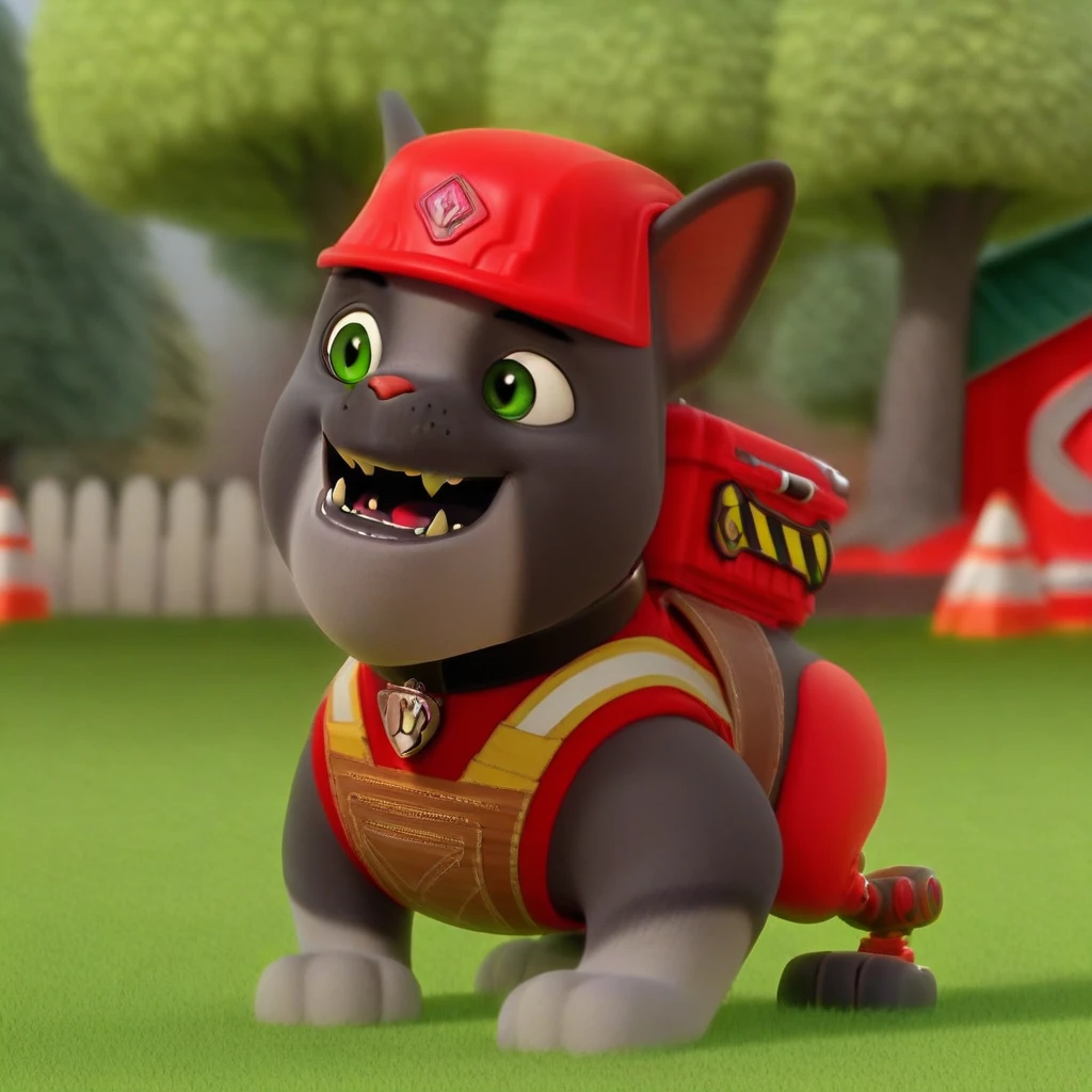 outdoors, green eyes, collar, fangs, open mouth, baseball cap, clothed animal, simple background, red headwear, tree