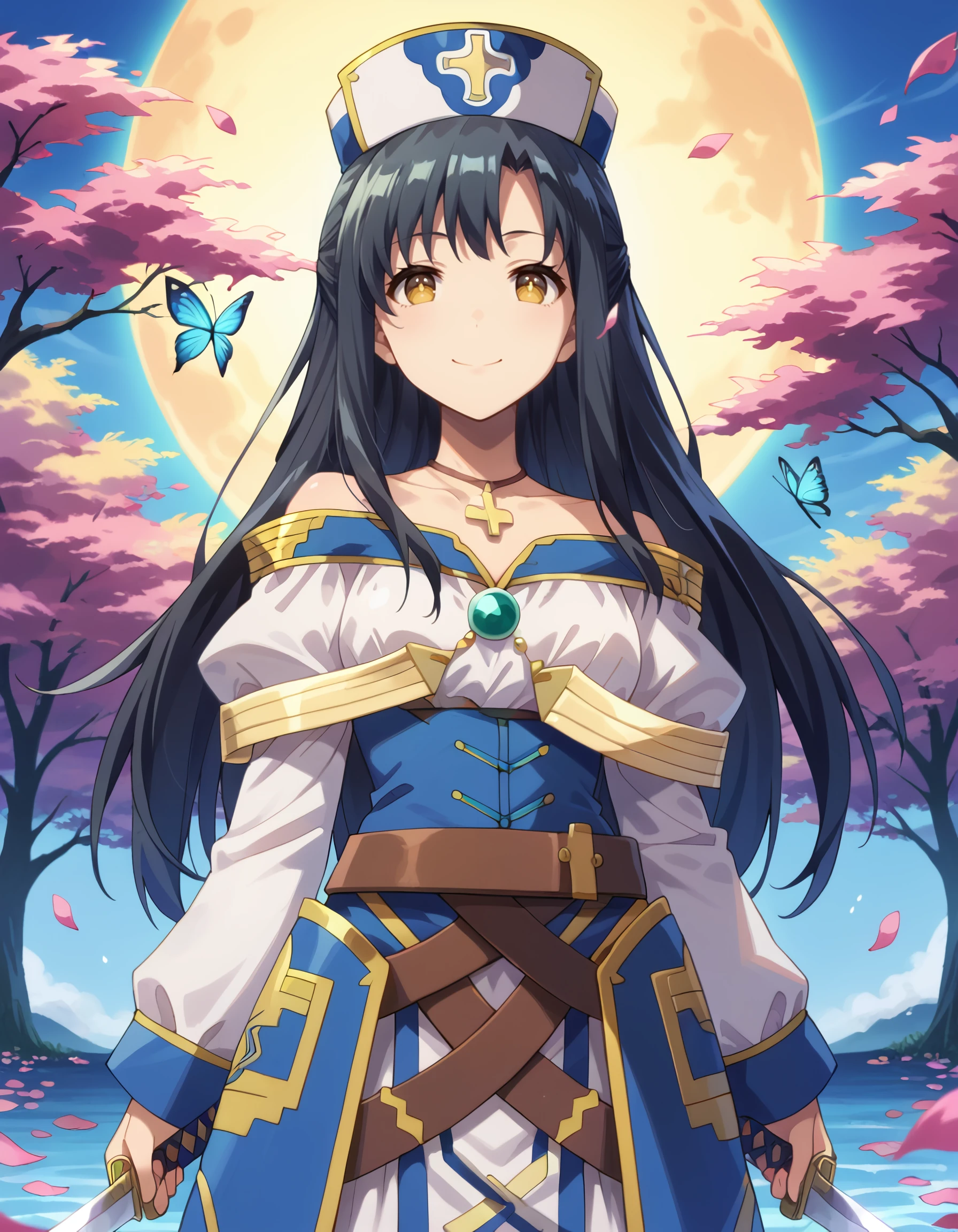 score_9, score_8_up, score_7_up,source_anime, <lora:Arifureta_Shokugyou_de_Sekai_Saikyou_-_ kaori_shirasaki:1> score_9, score_8_up, score_7_up,source_anime, rating:safe, kaori_shirasaki, long_hair, black_hair, hat, brown_eyes, yellow_eyes, jewelry, necklace, long_sleeves, off_shoulder, robe, cross neon_palette, neon_lights, colorful, neon_trim, (bubukka:1.0), 1girl, bug, butterfly, dual_wielding, glowing, glowing_butterfly, glowing_petals, holding, moon, petals, reverse_grip, sky, smile, solo, sun, sword, tree, water, weapon, white_sky,  masterpiece, detailed, best_quality