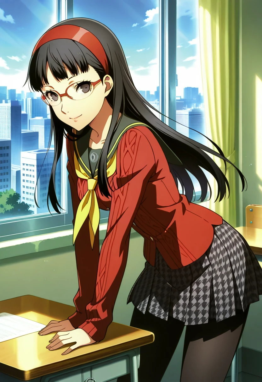 score_9, score_8_up, score_7_up, (source_anime), 1 girl, solo, nsfw, cute face,
p4amagi, Amagi Yukiko, long hair, pleated skirt, black hair, bangs, red cardigan, school uniform, hairband, serafuku, yellow neckerchief, black pantyhose, yasogami school uniform, glasses, red framed eyewear, smile,
eye contact, looking at viewer, smile, thighs, 
classroom, window, cityscape
masterpiece, best quality, ultra detailed, absurdres, very aesthetic