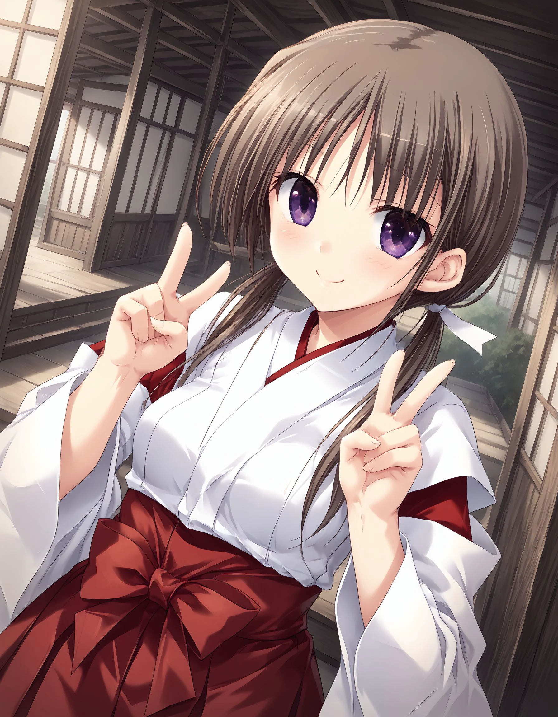 score_9, score_8_up, score_7_up, source_anime, <lora:add-detail-xl:1>, good , completely ,
BREAK 1girl, standing, hands up, double v, smile, in Shrine, precincts,
BREAK cowboy shot, 1girl, <lora:mahiru-shirotae_Sarasara_Sasara_Atelier_Kaguya:1> mahiru, brown hair, long hair, bluish-purple eyes, ,
BREAK low twintails, white ribbon, miko costume, detached sleeves, wide sleeves, red hakama, bow in front of waist, red bow,