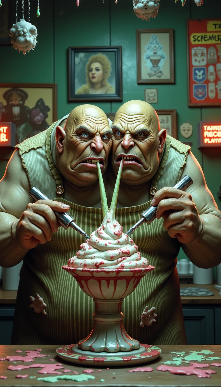 In the eerie "Sweet Screams" ice cream parlor, where neon signs flicker with an otherworldly glow and abandoned teddy bears hang from the ceiling like morbid mobiles, a two-headed ogre creature towers behind the counter. Its single, hulking body is clad in a faded, striped apron, stained with streaks of colorful ice cream and syrup. The apron seems to be woven from the very fabric of childhood nightmares, with embedded, glowing buttons that resemble eyeballs. 
The two heads, each boasting a gruesome, lopsided grin, are engaged in a bizarre, synchronized dance. One head scoops a mountain of "Midnight Madness" ice cream into a sundae dish, while the other head simultaneously pipes a border of crimson and chartreuse icing around the rim, creating an unsettling, asymmetrical pattern. The ogre's eyes, resembling frozen ponds, gleam with an unearthly intelligence as it takes turns licking each cone-shaped tip of its dual ice cream scoopers, savoring the sugary goodness. 
In the background, vintage ice cream machines whir and rattle, spewing forth vapors that coalesce into ghostly, whispering faces, which dissipate as quickly as they appear. The walls of the parlor are adorned with cobweb-covered portraits of forgotten ice cream flavors, their glassy surfaces reflecting the flickering, kaleidoscope lights that dance across the walls. Amidst the sugary chaos, the ogre's dual heads share a sinister, anticipatory glance, as if awaiting the next unsuspecting customer to stumble into this macabre wonderland.