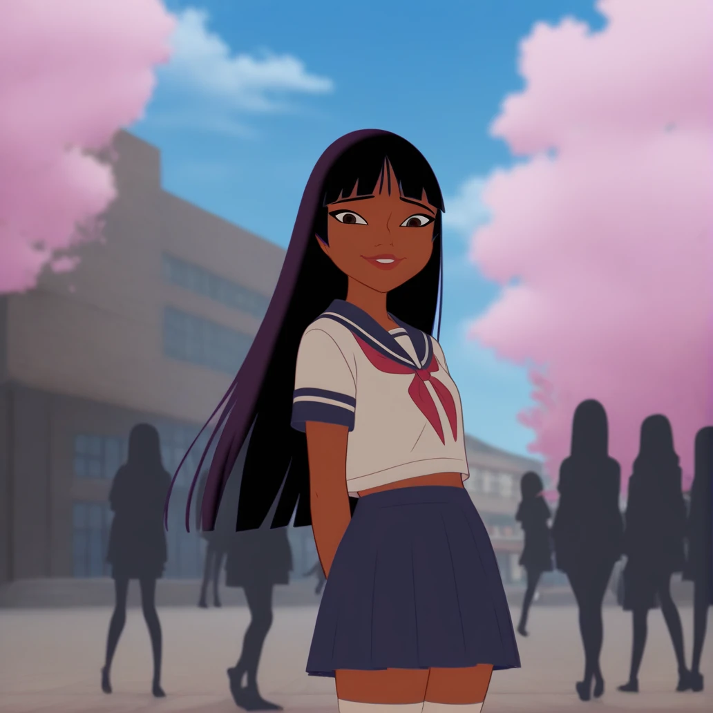 <lora:Chel_Road_to_El_Dorado:1>, Chel, 1girl, (solo focus), (multiple girls), dark-skinned female, blue sky, day, outdoors, (anime screenshot), school, cherry blossoms, Tokyo, smile, ((cute:1.3,)) brown eyes, black hair, blunt bangs, long hair, ((serafuku, sailor shirt, sailor skirt, ribbon, thighhighs)), (looking at viewer), 2D cartoon, Dreamworks animaton, (((masterpiece,best quality,newest,absurdres,highres)))
BREAK
((students, students in background)), ((silhouettes of students)) , ((anime key key visual)), school uniforms, (close-up:1.4)