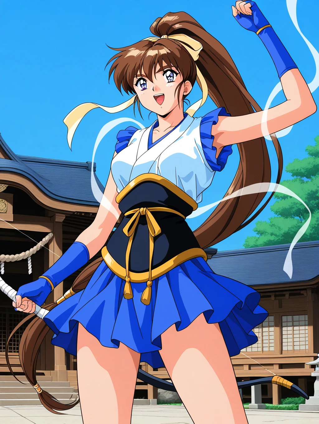 general,highres, ultra-detailed,very aesthetic,best quality ,best hands,  BREAK <lora:Amatsu_Ai_IS:1>Amatsu_Ai, brown hair, ponytail, very long hair, ribbon, hair ribbon, hair bow, breasts, blue eyes, bangs, purple eyes, high ponytail, 1990s \(style\),anime coloring, BREAK, hagoromo, blue gloves, fingerless gloves,  fighting pause, bow (weapon), smile, 
sash, skirt, open mouth, japanese clothes, obi, head out of frame, thighs, sleeveless,  collarbone, arm up,  blue skirt,
sky, day, shrine,