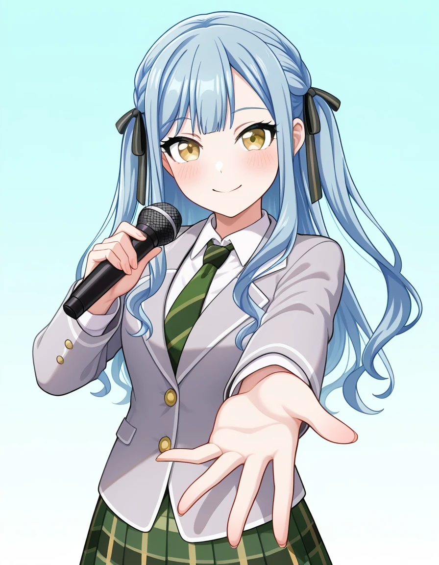 <lora:AveMujica_noobXL:1>, 1girl, solo, cowboy shot, looking at viewer, smile, togawa sakiko, two side up, yellow eyes, haneoka school uniform, green skirt, plaid skirt, pleated skirt, grey jacket, blazer, long sleeves, white shirt, green necktie, diagonal-striped necktie, simple background, aqua background, gradient background, reaching towards viewer, holding microphone,, very awa, masterpiece, best quality, amazing quality, highres, absurdres, newest