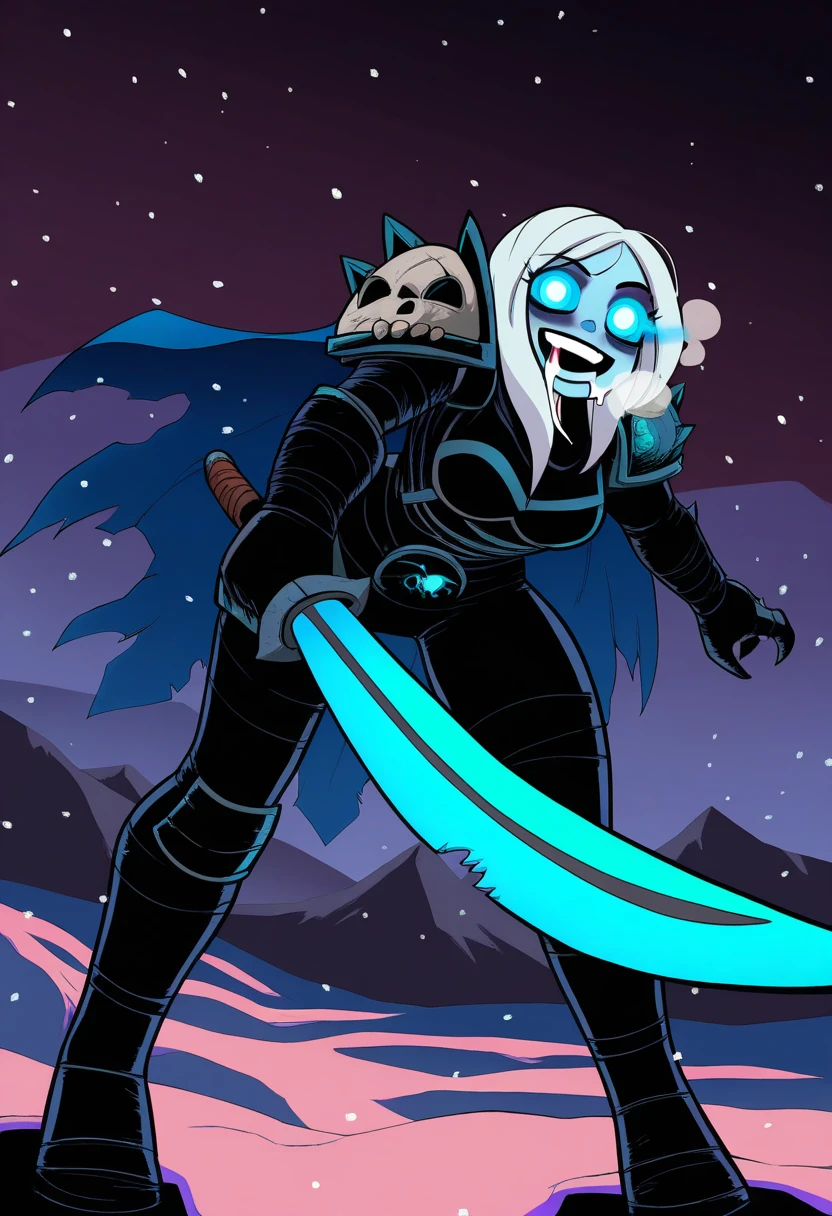 best quality, amazing quality, very aesthetic, absurdres,
BREAK
1girl,solo,(death knight:1.2),(armor:1.2),zombie,glowing eyes,aura,blue eyes,warcraft,pale skin,skull armor,frost magic,
(runeblade:1.2),holding sword,glowing sword,white hair,long hair,looking at viewer,leggings,cape,pov,outdoors,glacier,tundra,snow,mountains,night,horror,dark theme,black theme,muscular female,(foreshortening:1.2),dutch angle,leaning forward,crazy,bags under eyes,close-up,drool,saliva,heavy breathing,  <lora:BryanLeeOMalleyNoobLocon_byKonan:1>