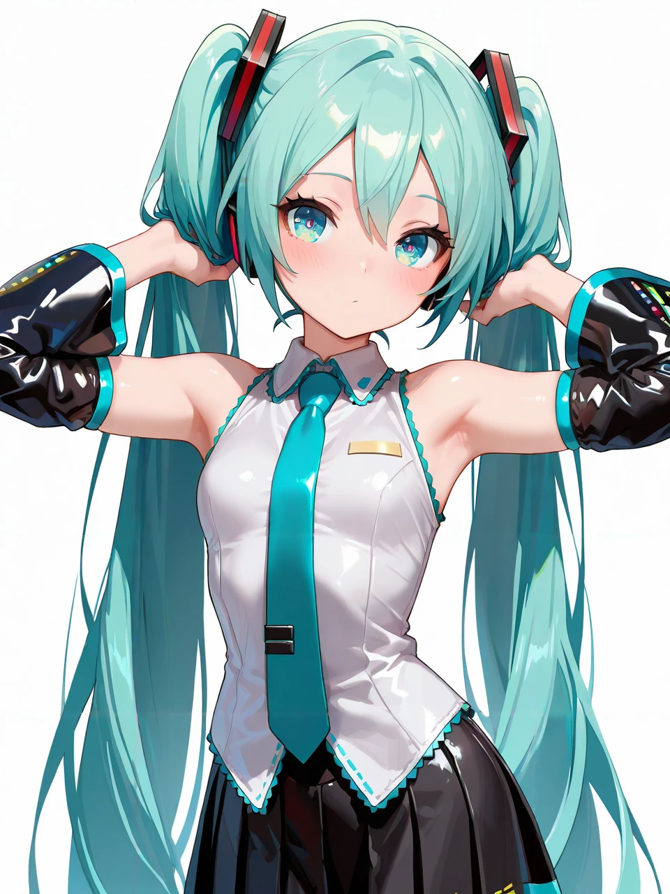 masterpiece,amazing quality,best quality,ultra-detailed,8K,illustration,CG,shiny hair,clear skin,ultra-detailed-eyes,simple background,cute girl, eyelashes <lora:long twintail_illustrious_V1.0:1> twintails, very long hair,hatsune miku,thighighs,necktie,skirt,sleeveless,live,holding mac