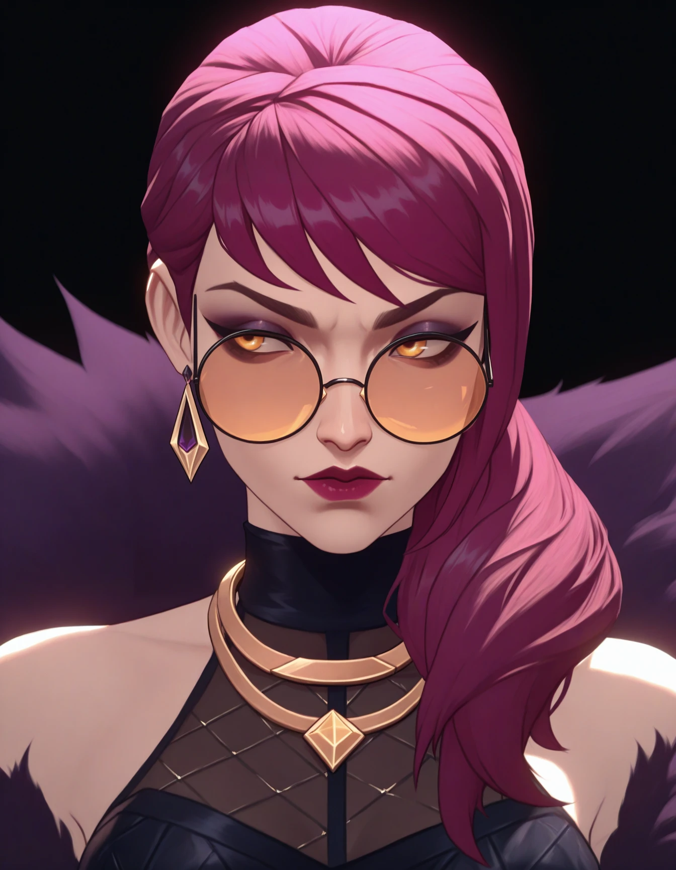 detailed, masterpiece, best quality, 3d, k/da \(league of legends\),
xevelynnx, purple hair, long hair, bangs, yellow eyes, hair over shoulder, eyeshadow, lipstick,
long earrings, crop top, halterneck, multiple necklaces, earrings, fur trim, tinted eyewear, round eyewear,
simple background, black background,
1girl, solo, portrait, looking over eyewear,
<lora:kda-popstar-illust:0.8>