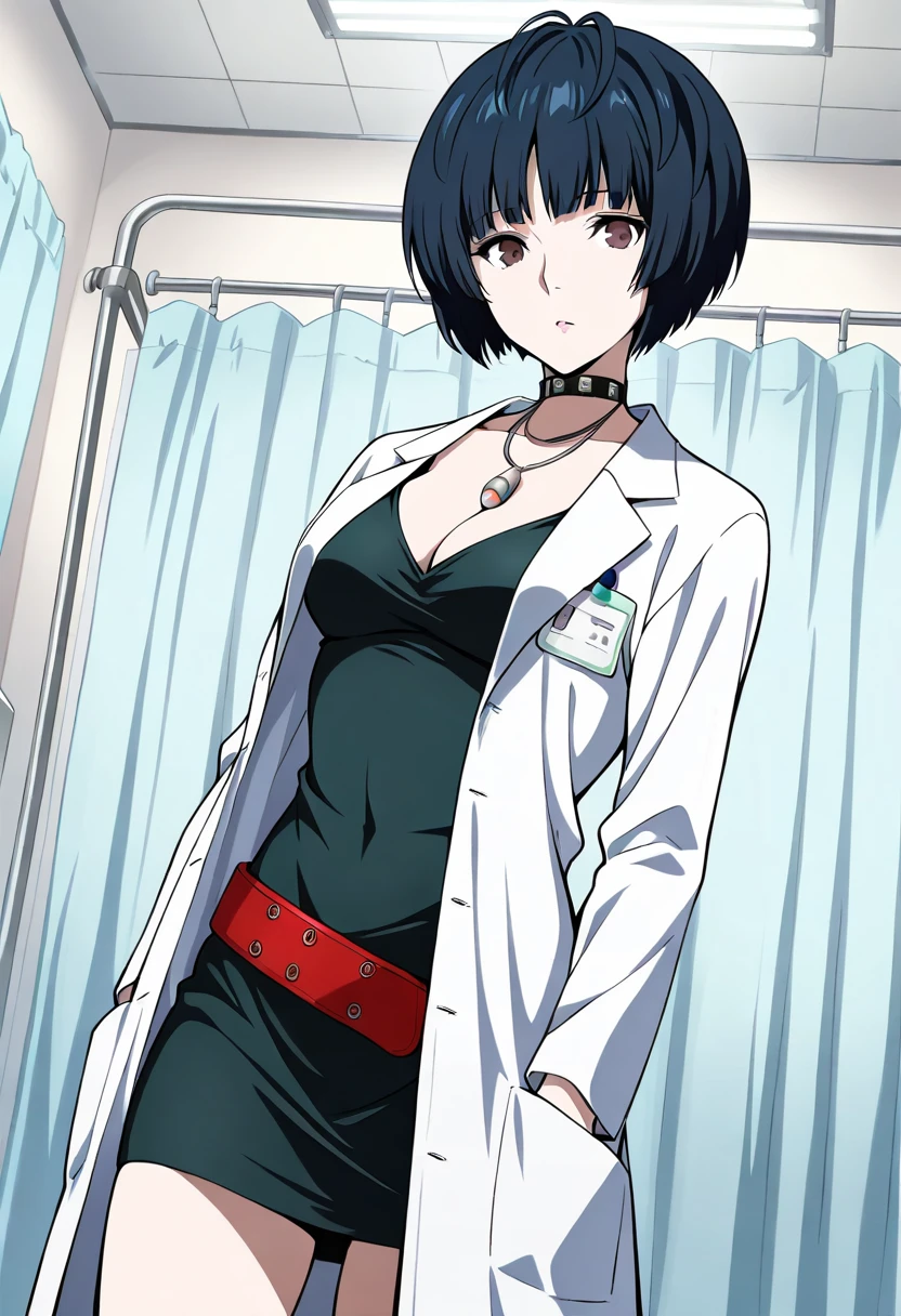 1 girl, solo, cute face,
p5tae, tae takemi, short hair,
labcoat, necklace, choker, studded collar, short dress, dark green dress, cleavage, red belt,
cowboy shot,
infirmary, hospital room, looking at viewer,
masterpiece, best quality, ultra detailed