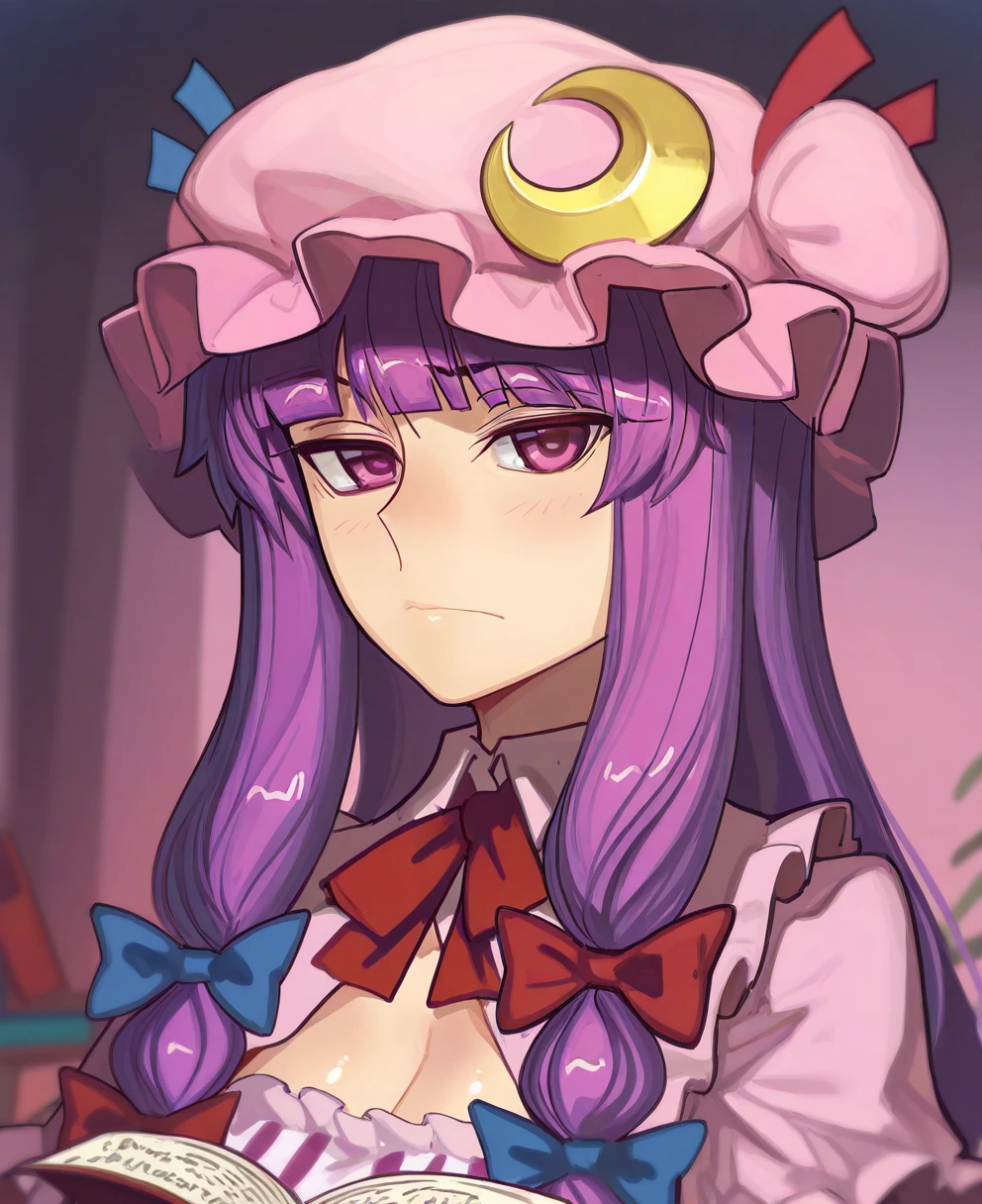 <lora:ardent_knightCIVITAI:1> ardent_knight,
(masterpiece), (best quality), (ultra-detailed), amazing quality, very aesthetic, illustration, perfect composition, intricate details, absurdres, incredibly absurdres, shiny skin, realistic,
ardent_knight, 1girl, patchouli knowledge, red bow, purple hair, hair bow, long hair, crescent hat ornament, mob cap, blue bow, book, purple eyes, looking at viewer, red ribbon, closed mouth, blue ribbon