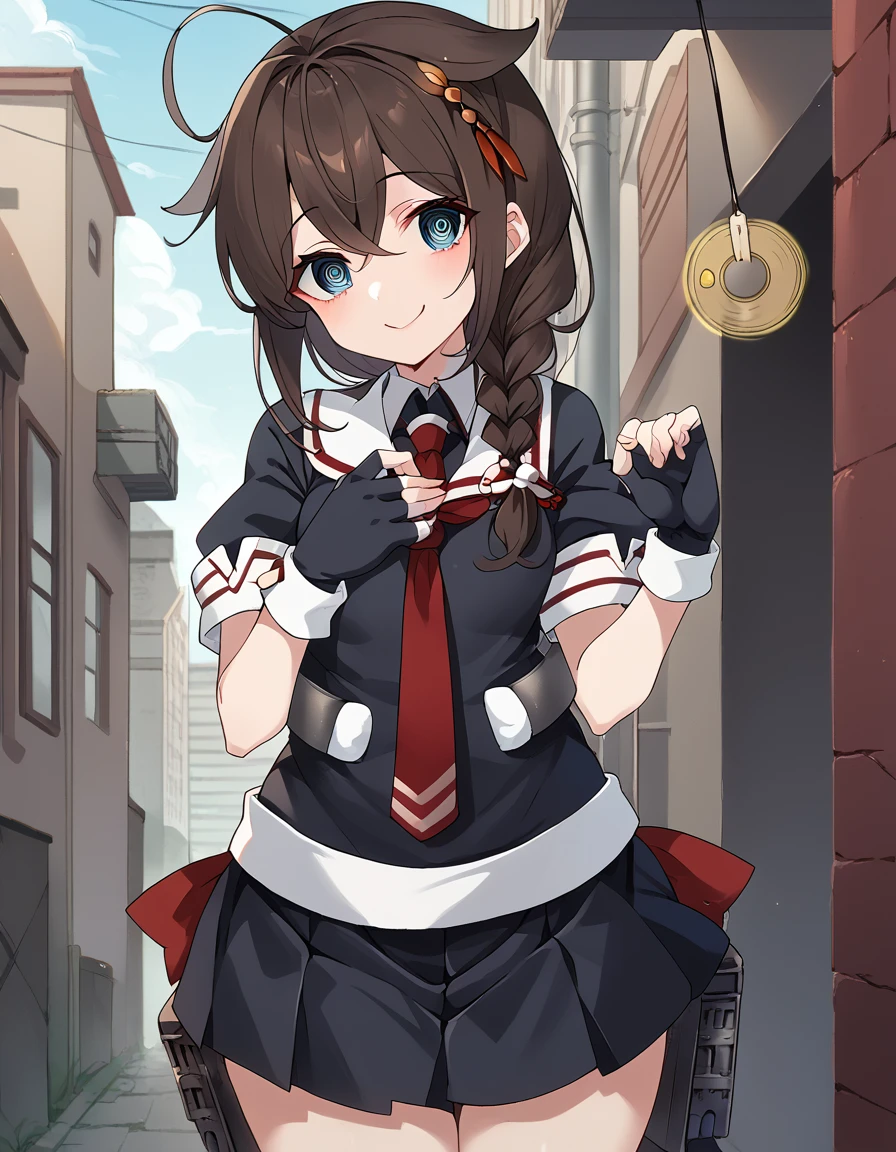 score_9, score_8_up, score_7_up, source_anime, <lora:kancolle-shigure-ingame-ponyxl-lora-nochekaiser:1>, shigure, shigure (kancolle), long hair, blue eyes, brown hair, black hair, hair ornament, braid, ahoge, single braid, hair over shoulder, hair flaps,, skirt, gloves, school uniform, pleated skirt, serafuku, fingerless gloves, necktie, red necktie, black skirt, black shirt, white sailor collar, short sleeves,, alley, narrow, urban, dark, buildings, smile, <lora:pendulum-ponyxl-lora-nochekaiser:1>, pendulum, holed coin, coin on string, hypnosis, mind control, coin, @ @,, looking at viewer, solo,, cowboy shot