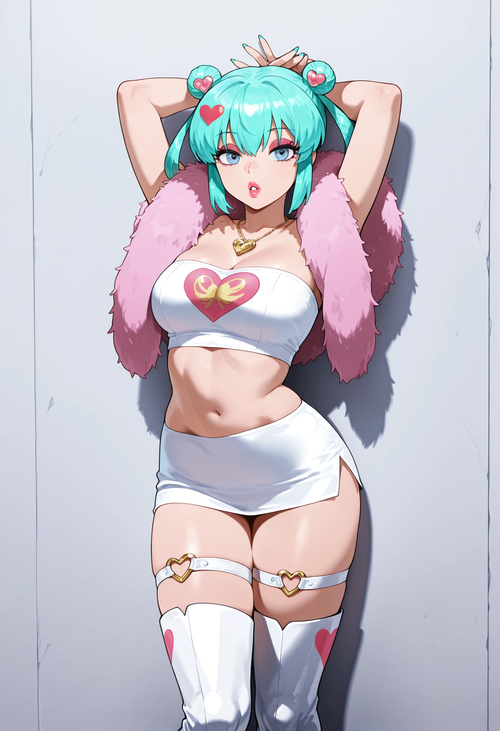 1girl, woman, negaposianglerice, aqua hair, bluegrey eyes, eyeshadow, lipstick, medium breasts, hair bun, professional photoshooting, white tube top, white skirt, thigh boots, white boots,golden heart necklace,(heart ornaments on hair buns), posing, ping heart pattern, hearts on clothes, gent knee, leaning on wall, looking at viewer, parted lips, from front, hands behind head, nailpolish, aqua nails, simple background, hands, fingers above head, micro skirt, heart print,feather boa,lips, thigh strap,, masterpiece,best quality,absurdres, amazing quality,