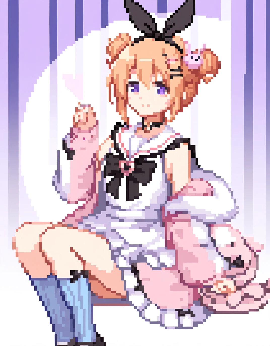 masterpiece,best quality,<lora:dnfpix:0.8>,pixel art,dnf pixel, 1girl, solo, purple eyes, hair bun, smile, socks, frills, closed mouth, double bun, striped background, heart, open clothes, hair ornament, jacket, black hairband, open jacket, sailor collar, sleeveless, apron, bangs, hair between eyes, blush, ribbed legwear, x hair ornament, hairband, long sleeves, blue socks, striped, holding, frilled apron, hoto cocoa, bow, looking at viewer, skirt, frilled skirt, kneehighs, hand up, black bow, sleeves past wrists, dress, white apron, white sailor collar, frilled sailor collar, heart o-ring, shoes, feet out of frame, sitting, rabbit hair ornament, off shoulder, puffy long sleeves, bag, fake animal ears, orange hair, shirt, choker, fur trim, puffy sleeves, sleeveless shirt, animal ears, hairclip, waist apron, blue skir