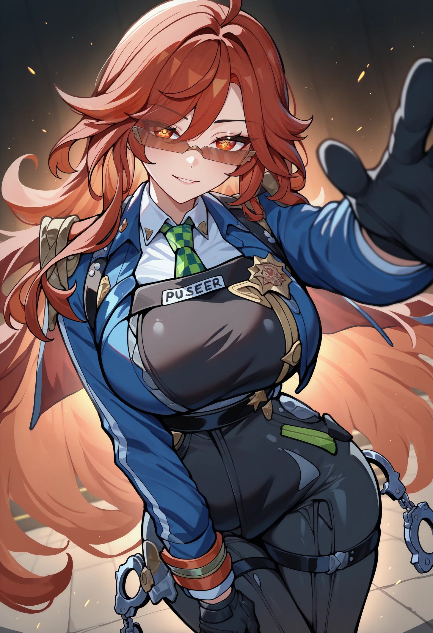 masterpiece, best quality, newest, absurdres, highres, 1girl, mavkRnd, symbol-shaped pupils, red eyes, large breasts, red hair, long hair, ahoge, <lora:Mavuika_illusXLNoobAI_Incrs_v2-000009:1>, 
police uniform, blue jacket, long sleeves, black vest, white shirt, collared shirt, green necktie, black gloves, black pants, belt, <lora:zzz_zhuyuan_illustriousXL:1>, cowboy shot, seductive smile, handcuffs, handcuffs, dynamic pose, dutch angle, foreshortening, tinted eyewear, reaching towards viewer, looking at viewer, leaning forward,