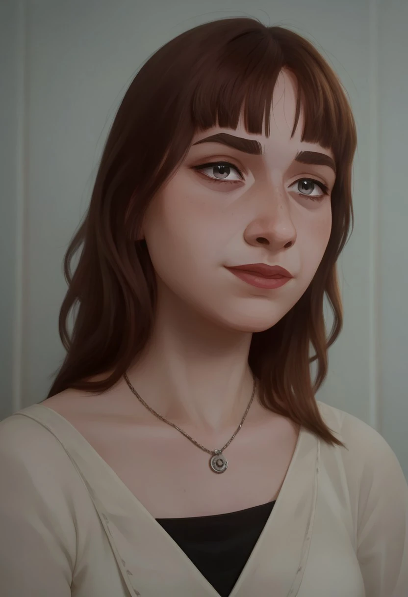 score_9, score_8_up, score_7_up, beautyfull color,
aesthetic, 2d,
Arcane Style,
close-up shot, view from aside,
solo,
1girl, grey eyes, long brown hair,
a young woman with long brown hair. Pito, bangs, She isThe woman is wearing a black and white outfit with a black bow on her chest. She has a big smile on her face and her eyes are wide open