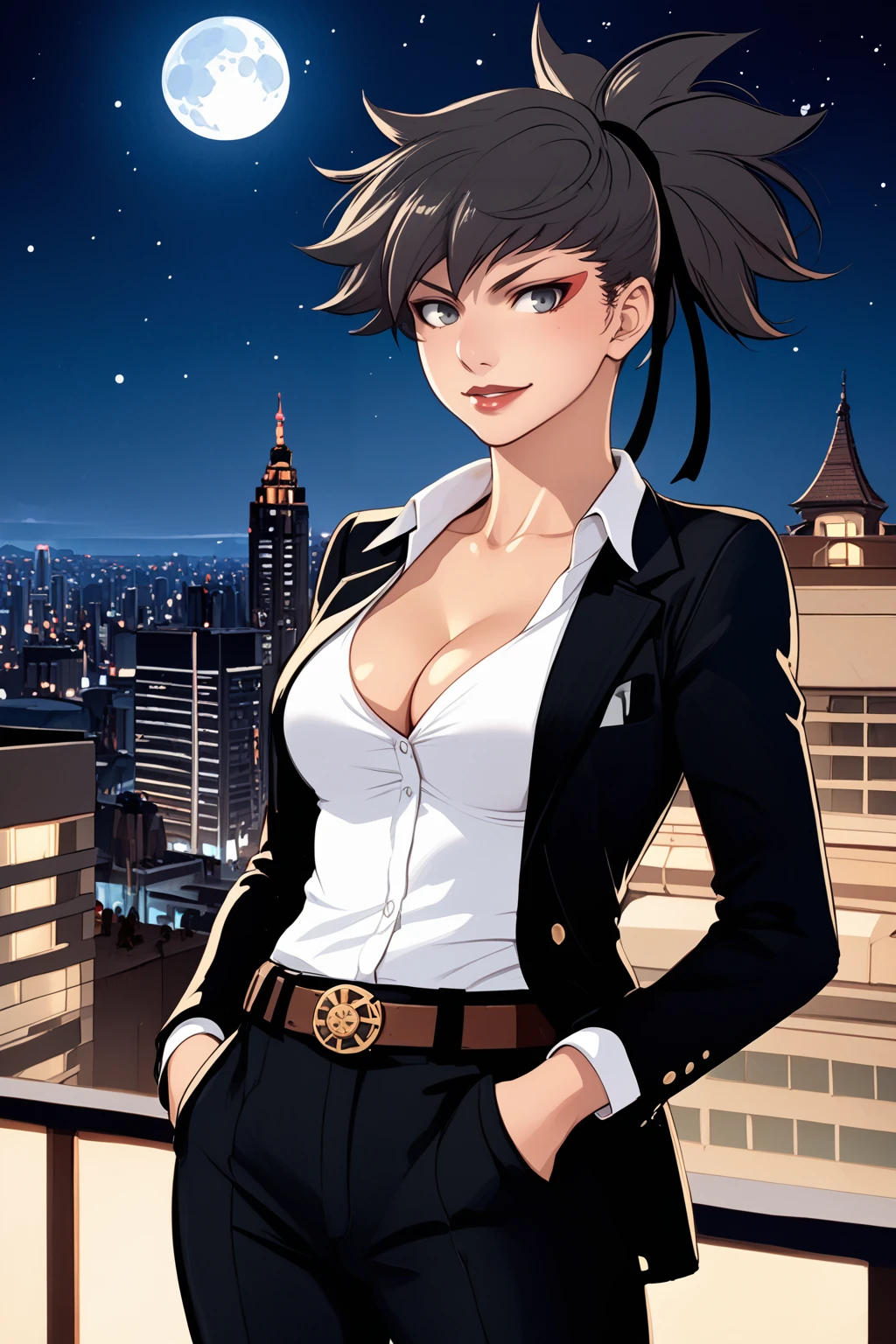 score_9, score_8_up, score_7_up, masterpiece, high quality, extreme detail, absurdres, (detailed skin texture) BREAK
<lora:Cho-AhPonyLora:1>choah, short hair, ponytail, hair ribbon, black suit, collard shirt, pants over shirt, pants, belt, hands in pocket, cleavage, smirk, city, night, moon