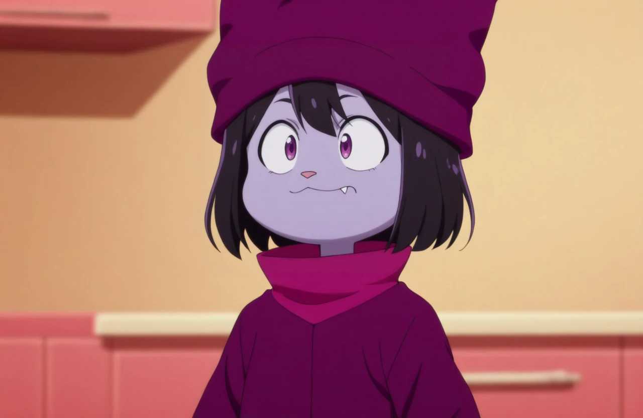masterpiece, high quality, best quality, newest, portrait, chwdr, 1girl, black hair, short hair, kitchen, animal nose, fang, purple skin, beanie, purple coat, purple eyes, cowboy shot, skinny, facing viewer, <lora:ChowderNEWIlluV1:1> <lora:anime_screencap-Illustrious:1> anime screencap, anime coloring