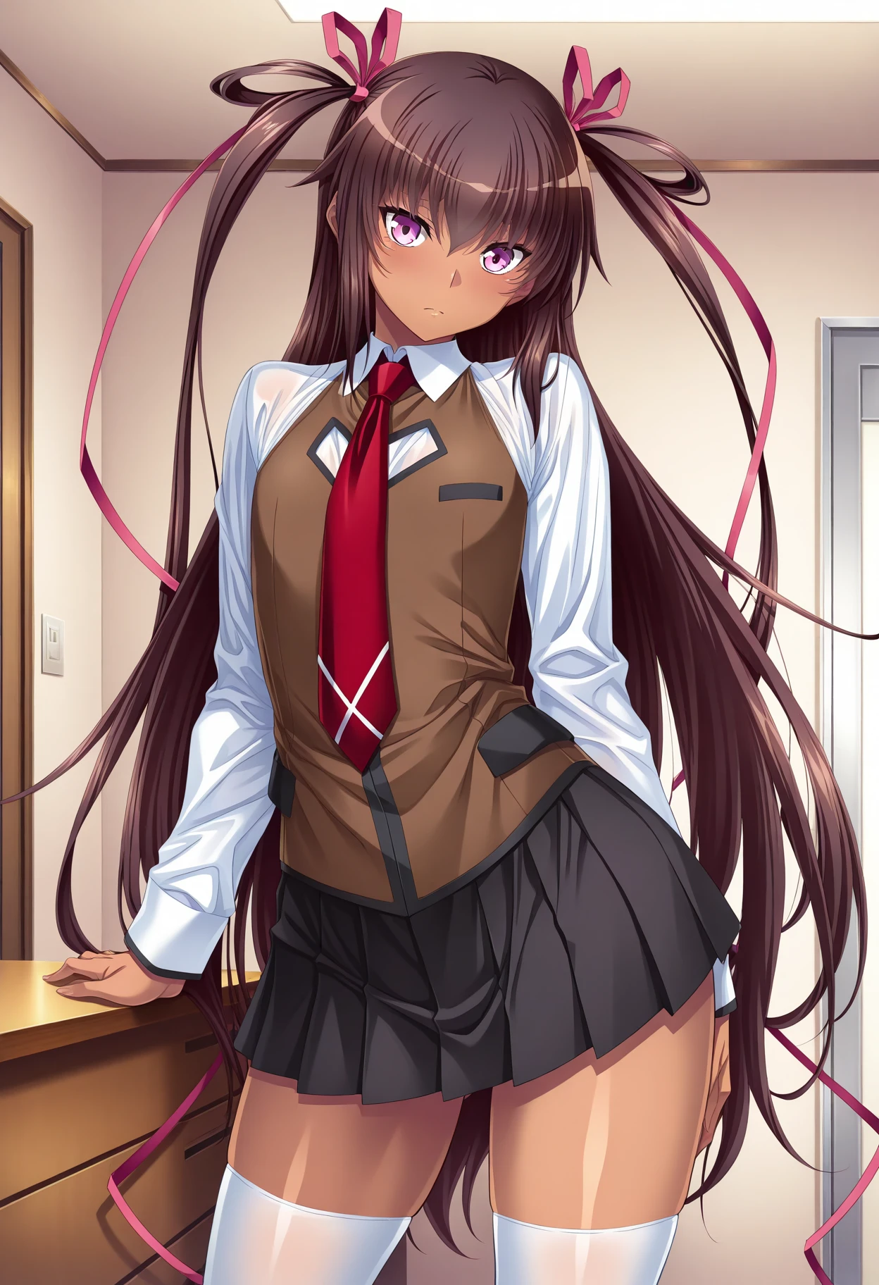 masterpiece, absurdres, highres, 1girl, c-mizuki, purple eyes, very long hair, brown hair, two side up, hair ribbon, one-piece tan, white collared shirt, red necktie, long sleeves, brown vest, black pleated skirt, white thighhighs, indoors, looking at viewer,